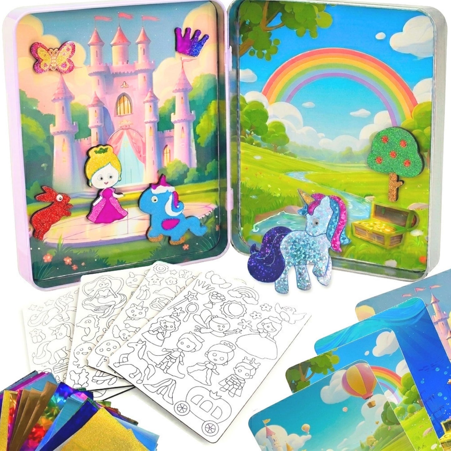 Magnetic Tin Box Foil Art Kit for Kids - Princess & Unicorn Foil Magnet Craft, Reusable Mess-Free Travel Toy, DIY Arts and Crafts for Girls & Boys Ages 4-8, 9-12