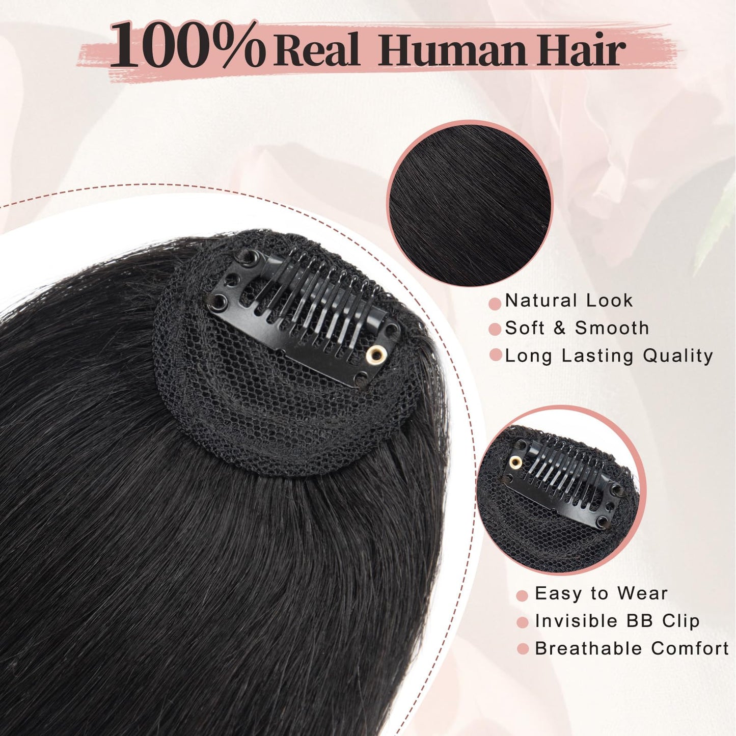 EINAEY Clip in Bangs, 100% Real Human Hair Natural Black Fake Bangs Clip in Hair Extensions Wispy Bangs Fringe with Temples Hairpieces for Women Curved Air Bangs for Daily Wear