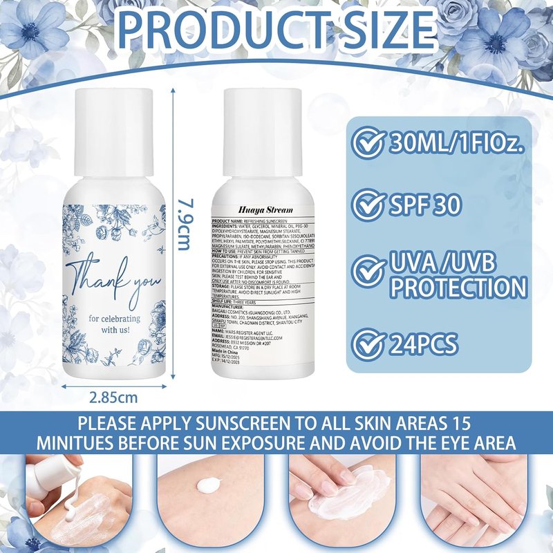 Mini Sunscreen Bulk - 24 Pcs Travel Size SPF 30+ Wedding Party Favors | 1 Fl. Oz Each