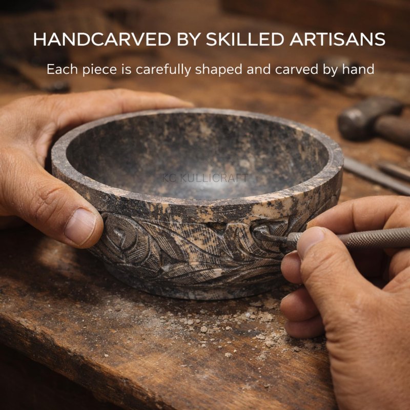 KC KULLICRAFT Marble Soapstone Natural Smudge Pot | Stone Bowl | Scrying And Smudge Bowl (Scrying - Bowls & Mirrors) (5 Inch) From India. Handmade Leaf Carved Design.