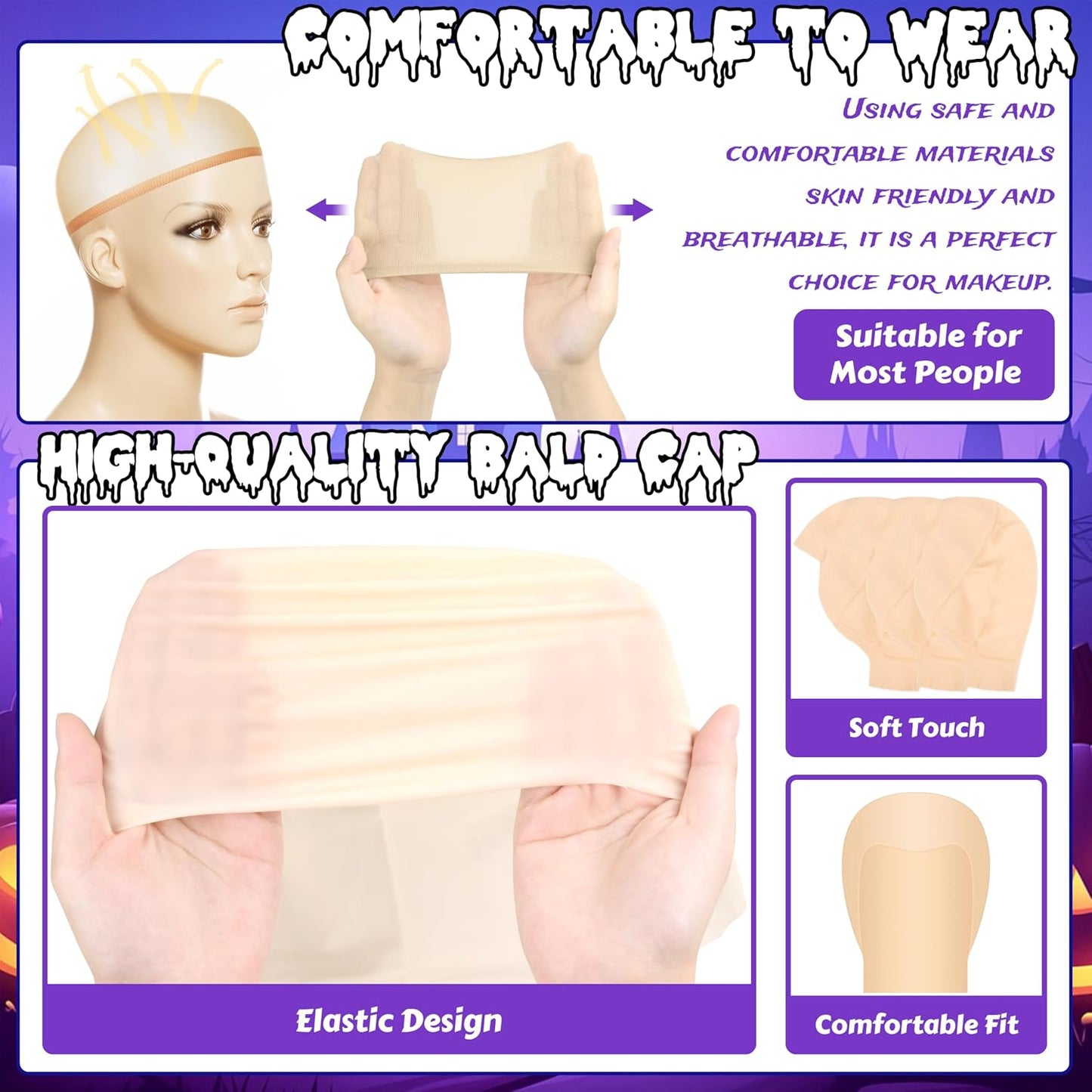 Bald Caps for Halloween - 4 Piece Latex Set with Wig Cap for Kids & Adults | Costume Accessories