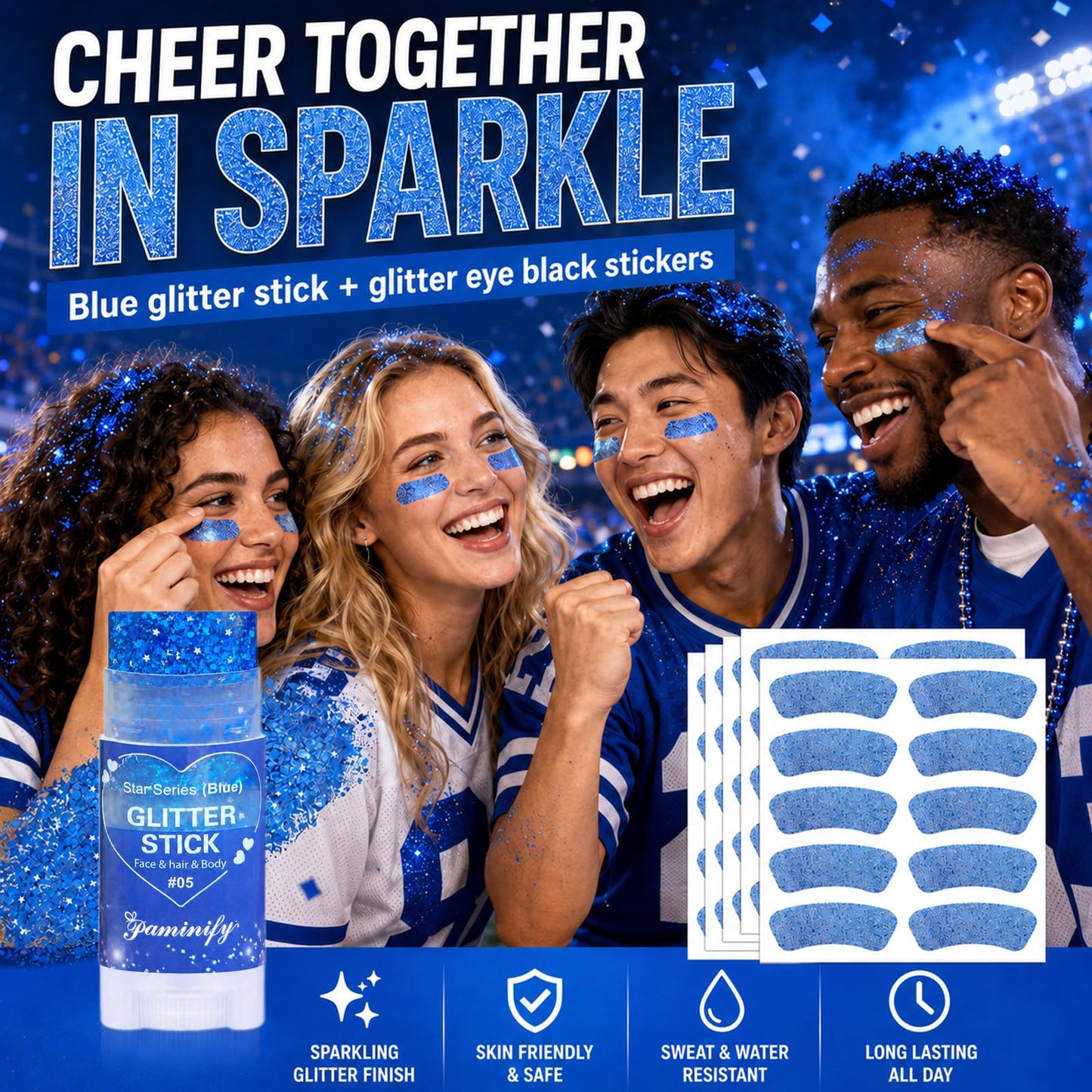 Paminify Blue Hair Glitter Stick and Eye Black Stickers Kit,50pcs Waterproof Cheer Glitter Eye Sticker for Football Baseball Soccer Sports,Team Spirit Wear 4th of July Royal Blue Face Body Glitter