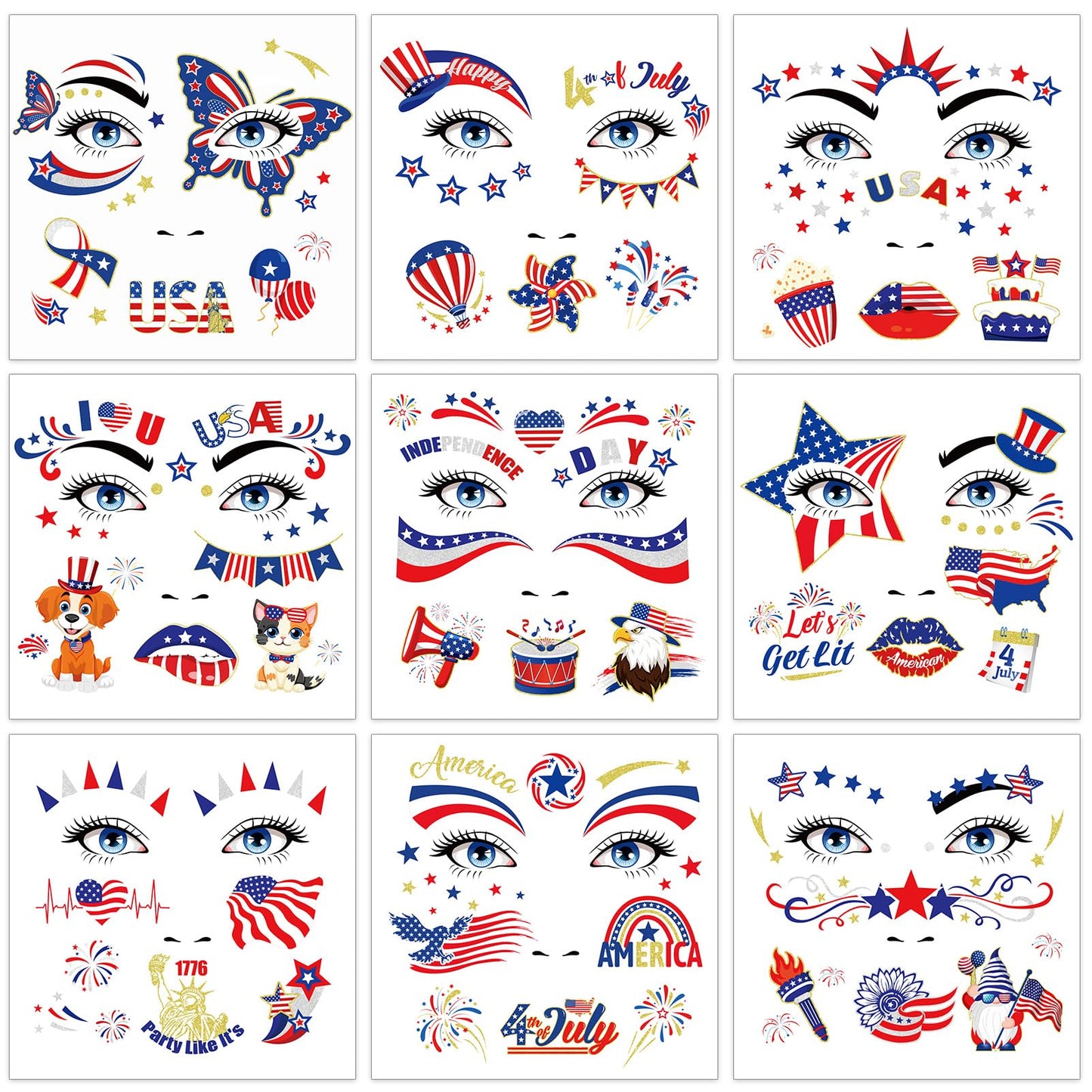 HOWAF 9 Sheets USA Glitter Face Tattoos, 4th of July Face Art Temporary Tattoo for USA Patriotic Parades Celebrations, Red White Blue Face Tattoos Stickers for Independence Day Supplies