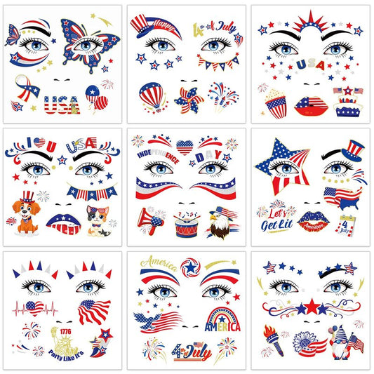 HOWAF 9 Sheets USA Glitter Face Tattoos, 4th of July Face Art Temporary Tattoo for USA Patriotic Parades Celebrations, Red White Blue Face Tattoos Stickers for Independence Day Supplies