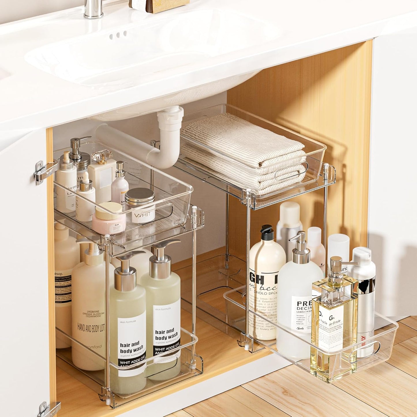 4 Pack Bathroom Organizer - 2 Tier Clear Under Sink Storage Bins | Vanity Countertop & Cabinet Drawers