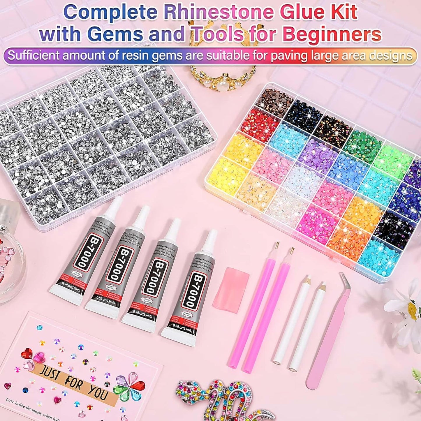 Resin Rhinestones 40000 Pcs - Rainbow Flat Back Gems with B7000 Glue for DIY Crafts | Perfect for Graduation Caps, Clothes, Tumblers, Shoes, Nails