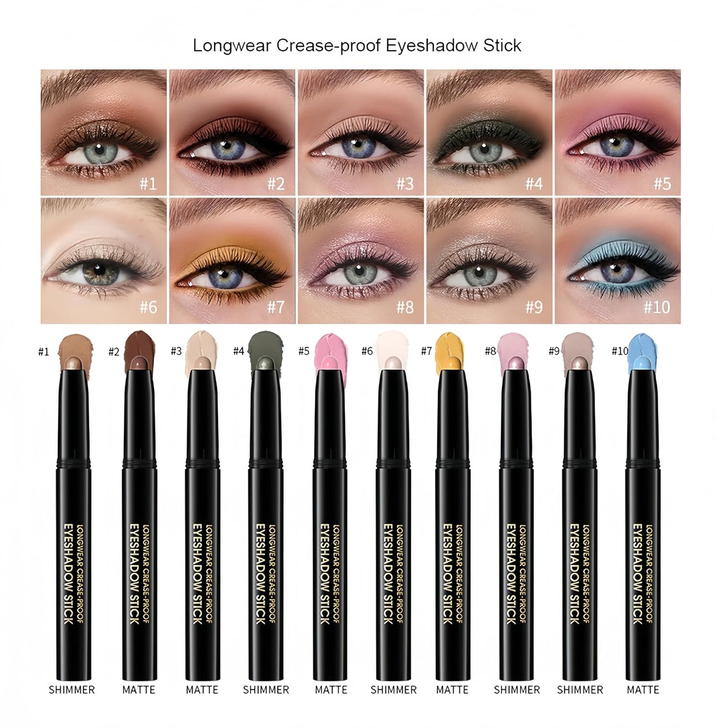 Cream Eyeshadow Stick - Silky Smooth Matte & Shimmer Finish | Waterproof & Long-Lasting, 10 Colors Available