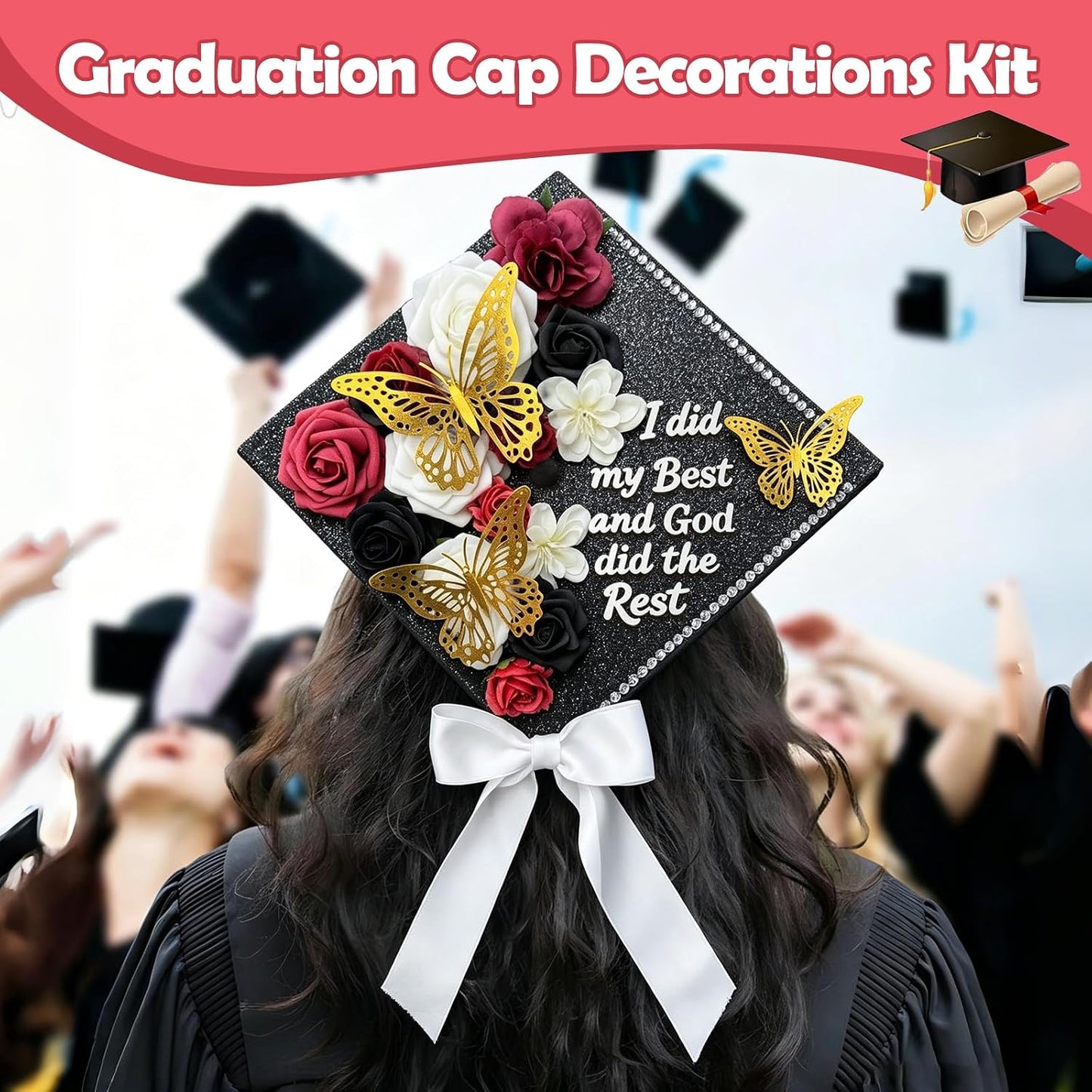 DIY Graduation Cap Decoration Kit - Faux Rose Flower Heads & 3D Butterfly Glitter Stickers | Black Grad Cap Topper