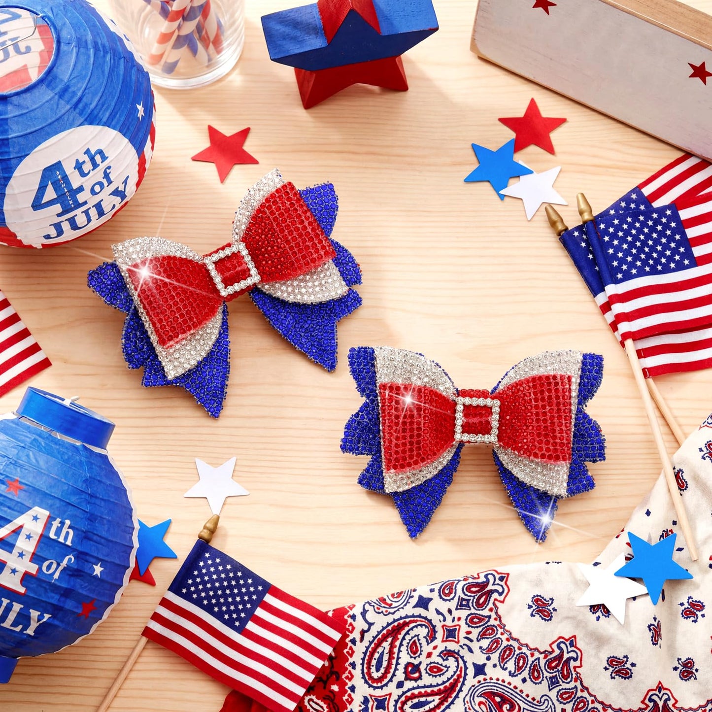 Solsew 2Pcs 4th of July Hair Bows Red White Blue Rhinestone Clips for Women