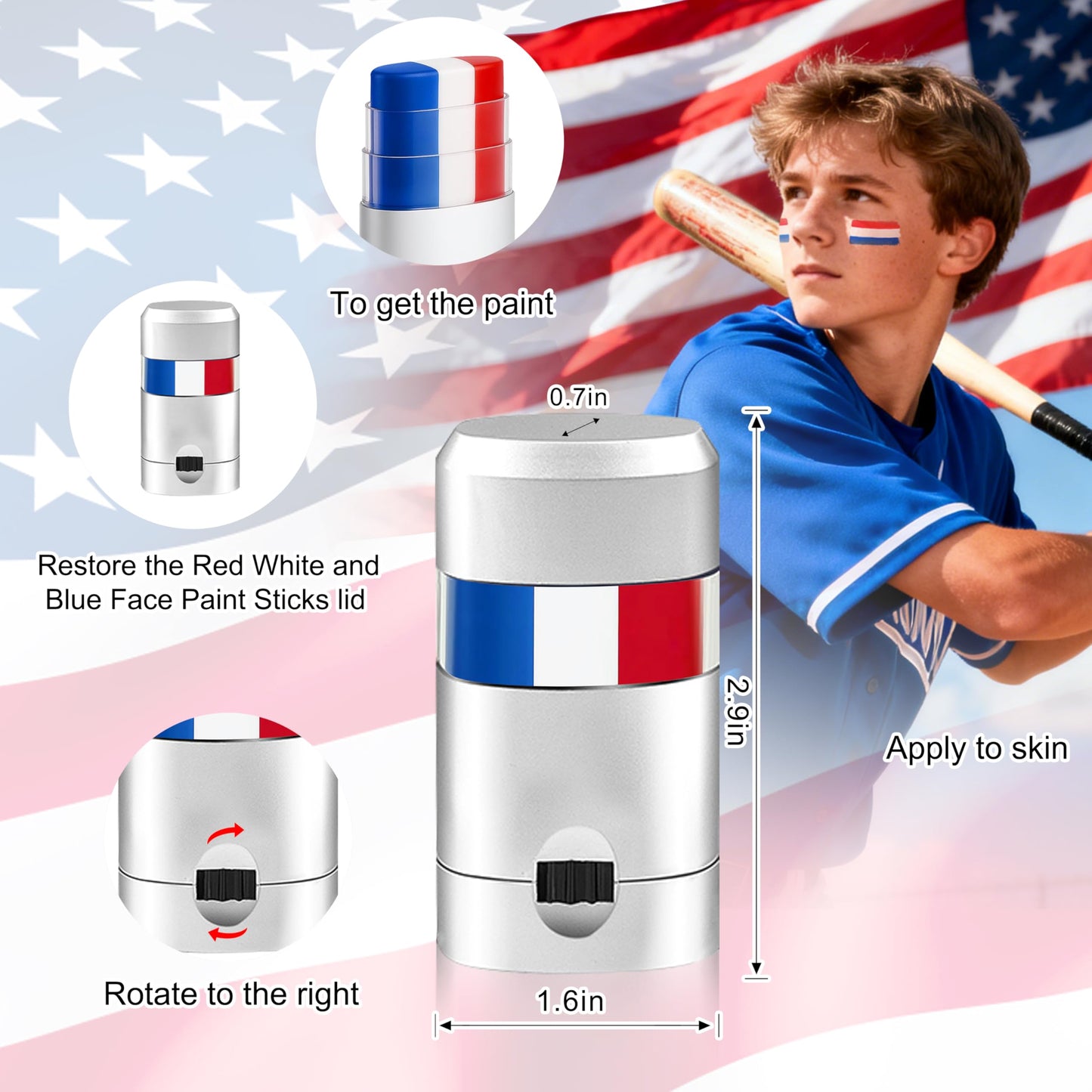 Go Ho 3PCS Red White and Blue Eye Black,Patriotic USA Flag 4th of July Face Paint Makeup for Independence Day,Soccer Fans Eye Black Stick,Eye Black Stick for Baseball Party Favors