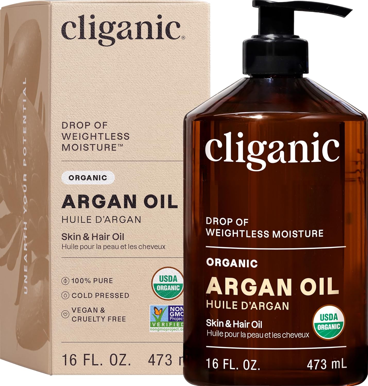 Organic Argan Oil 16oz with Pump - 100% Pure for Hair, Face & Skin | Bulk Size