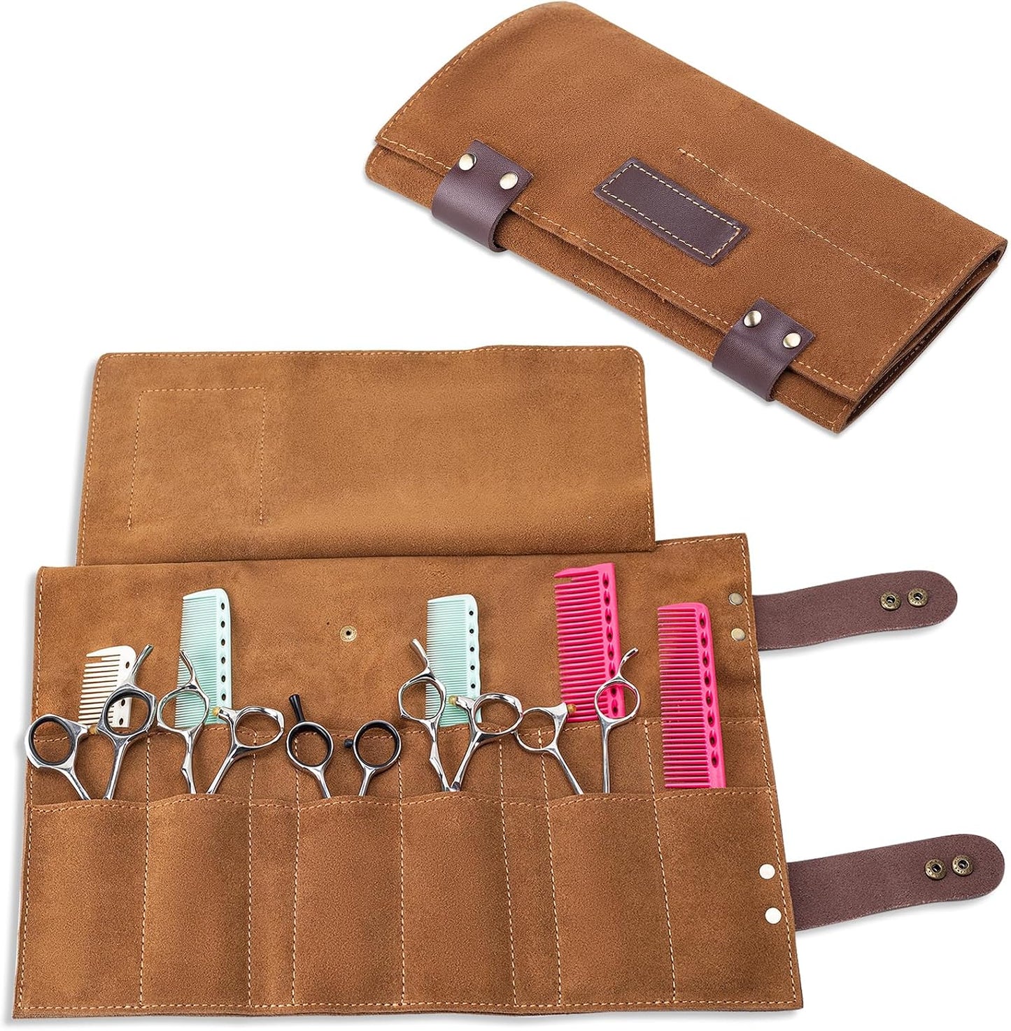 Hair Stylist Scissor Holder Pouch - Real Leather Organizer Bag for Salon Tools | Brown