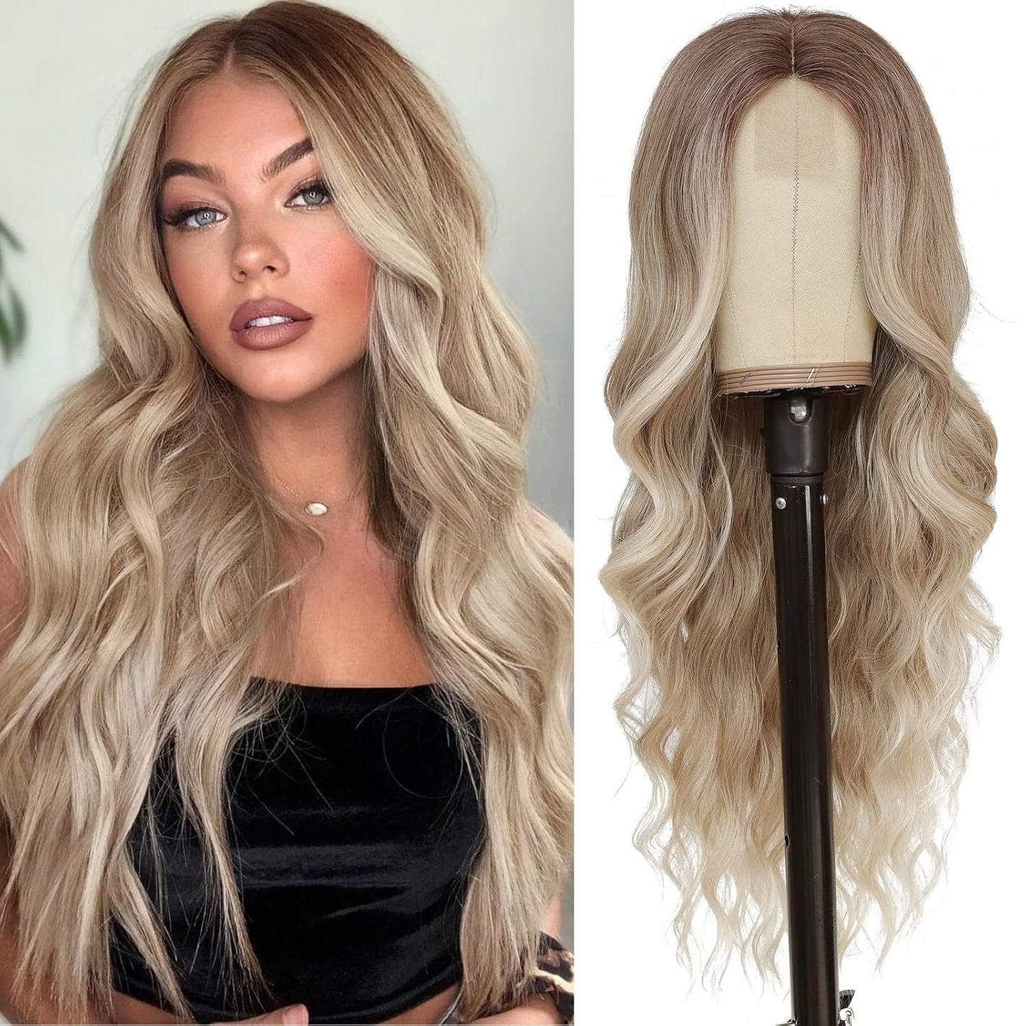 NAYOO Brown Wigs for Women - Long Curly Wavy Hair | Heat Resistant Synthetic Fiber, 24 Inches