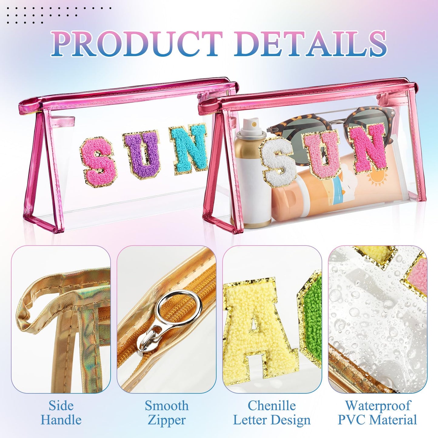 Weewooday 6 Pcs Clear Sunscreen Bag Preppy Patch SUN Makeup Bag Summer Essentials Clear Cosmetic Pouch Bulk Waterproof Toiletry Bags with Zipper for Women Summer Pool Travel Must Have Stuff