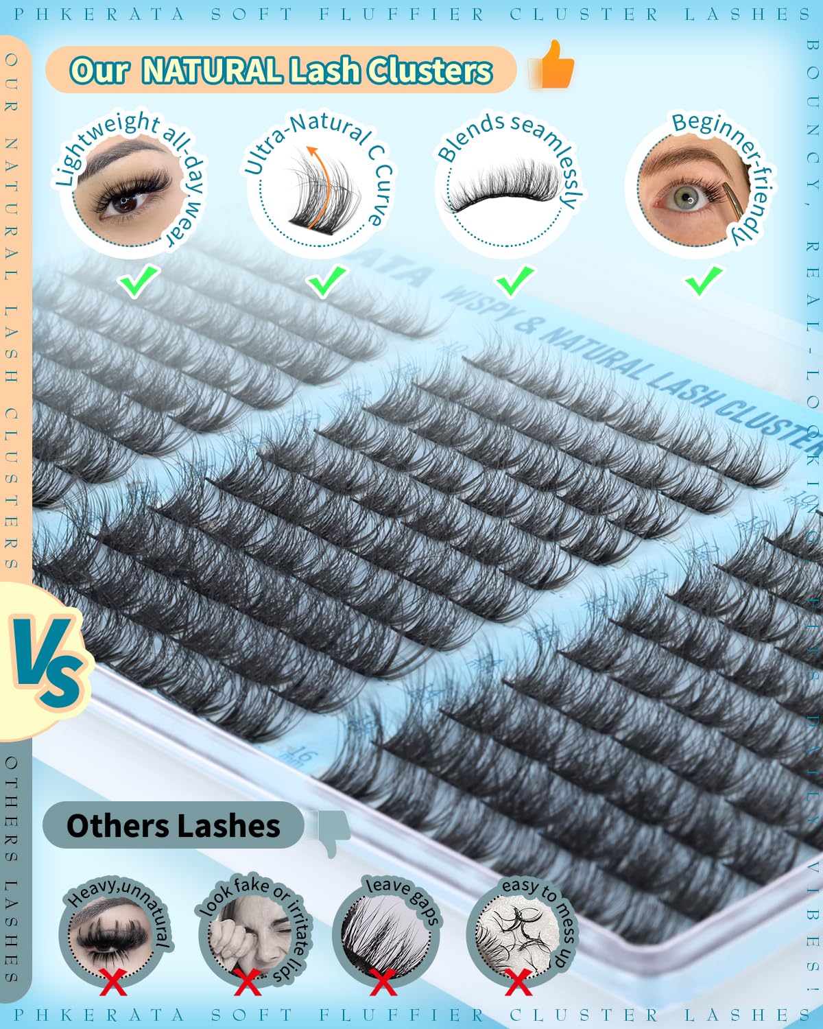 PHKERATA Wispy Lash Clusters Natural Eyelash Clusters 180Pcs Cluster Eyelash Extensions C Curled Cluster Lashes DIY Individual Lashes Soft Eye Lash Extension with Ultra-thin Band, 10-16MM