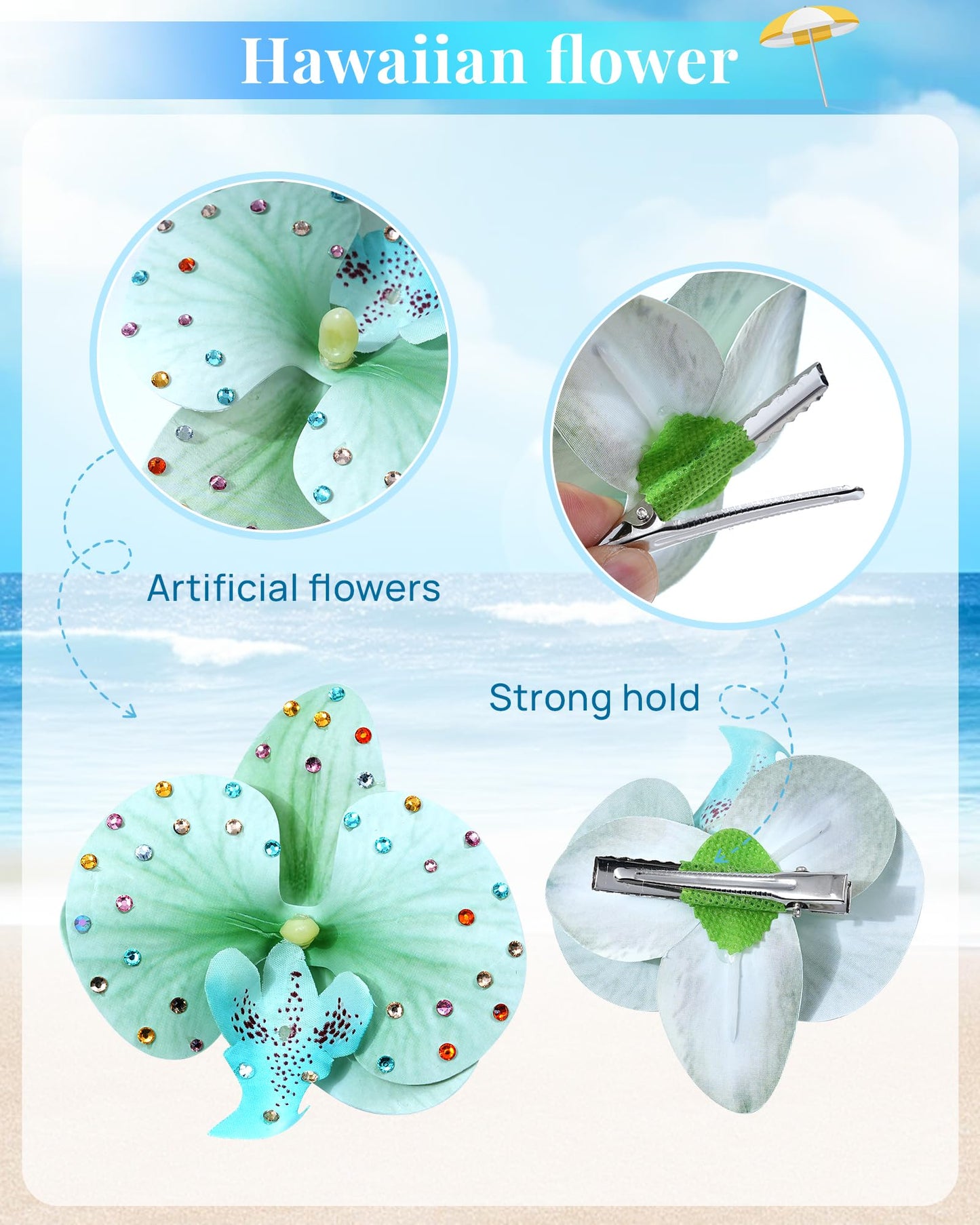 Mesovor 3 Pack Hawaiian Flower Hair Clips, Artificial Tropical Flower Orchid Hair Pin | Rhinestone Hairpins Hair Accessories for Wedding Bridal Beach Party (Blue Moth Orchid)