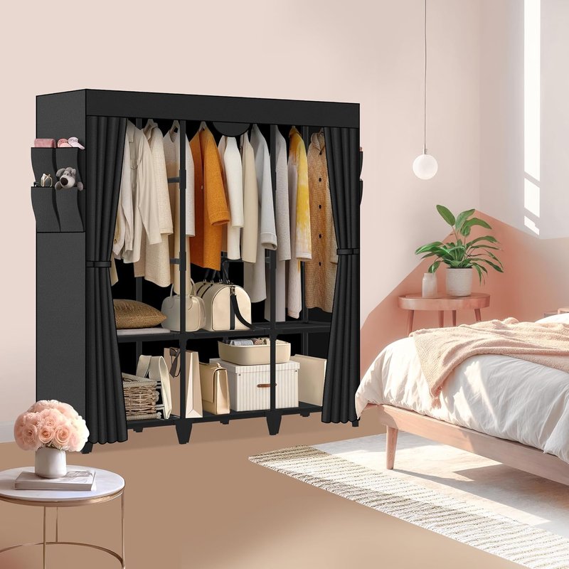 Large Capacity Portable Wardrobe Closet - Easy Assembly, Black | 3 Hanging Rods, 6 Shelves, 8 Pockets