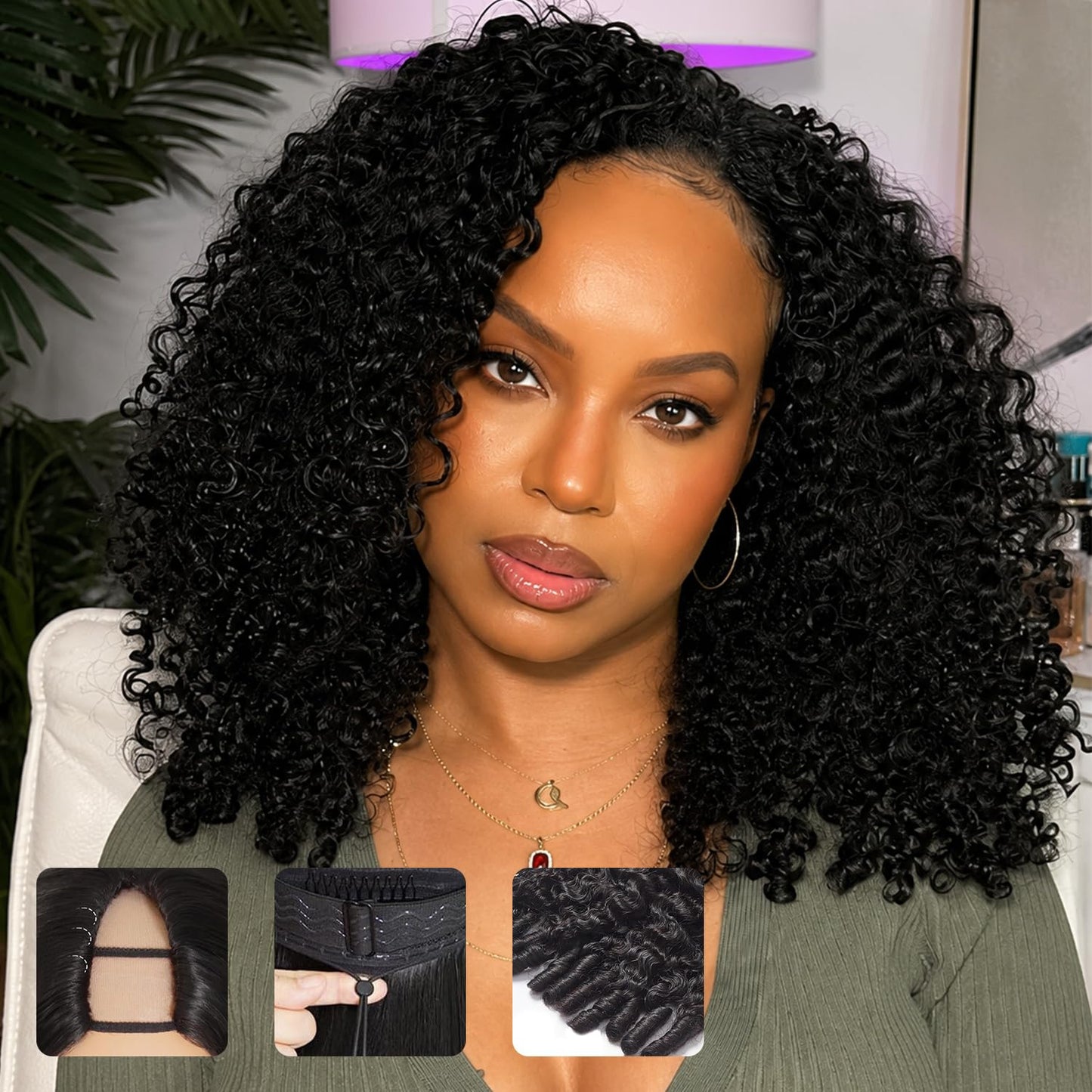 Burmese Curly V Part Half Wig - 220% Density, 16 Inch, 100% Human Hair | Easy Wear & Go Style