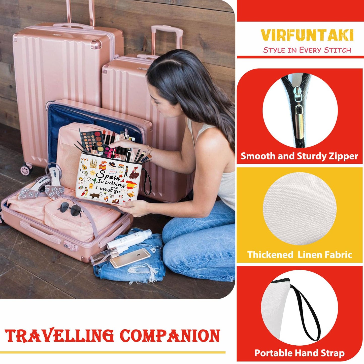 Virfuntaki Spain Gift Europe Cruise Trip for Women Girl Makeup Bag Travel Spain Souvenir Cosmetic Case Spain Vacation Present Zipper Organiser Pouch Spanish Spain Decor