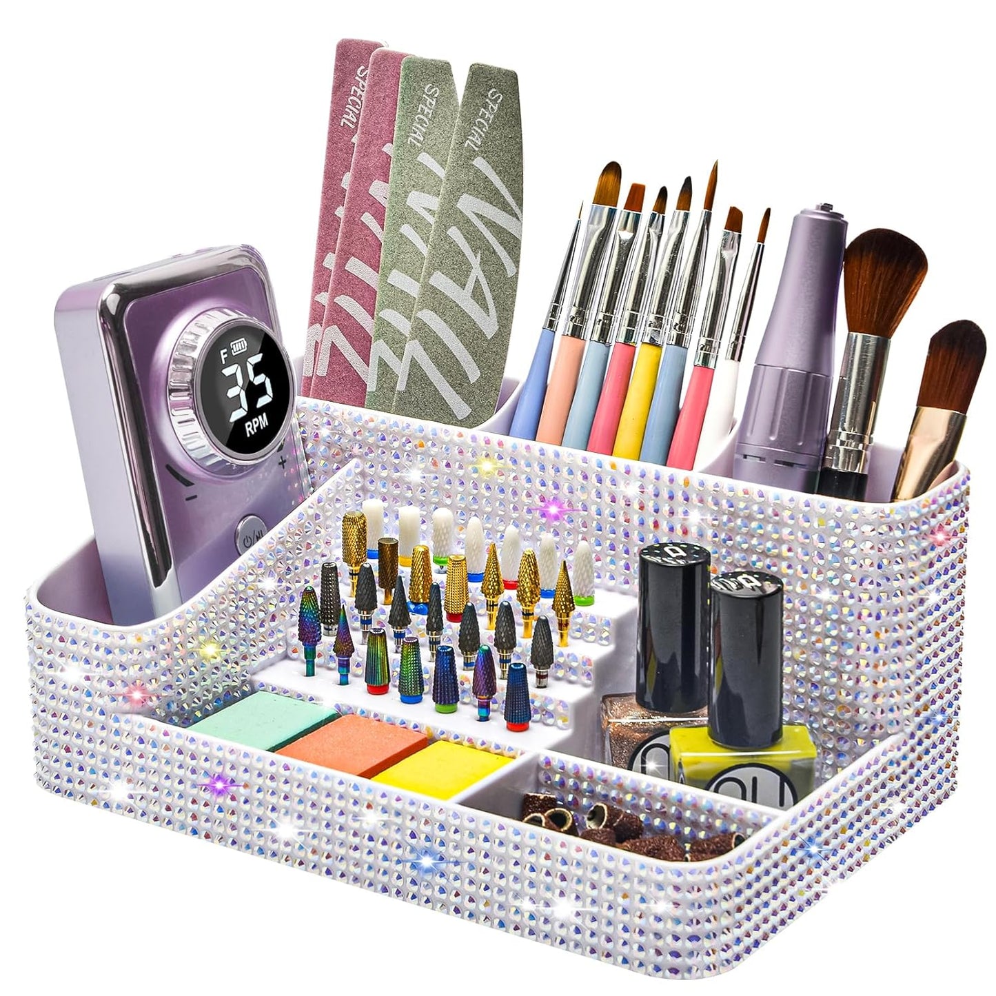 Nail Drill Holder - 28 Holes Bit Organizer for Nail Techs | Bling White Design
