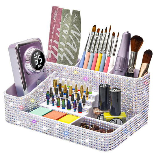 Nail Drill Holder - 28 Holes Bit Organizer for Nail Techs | Bling White Design