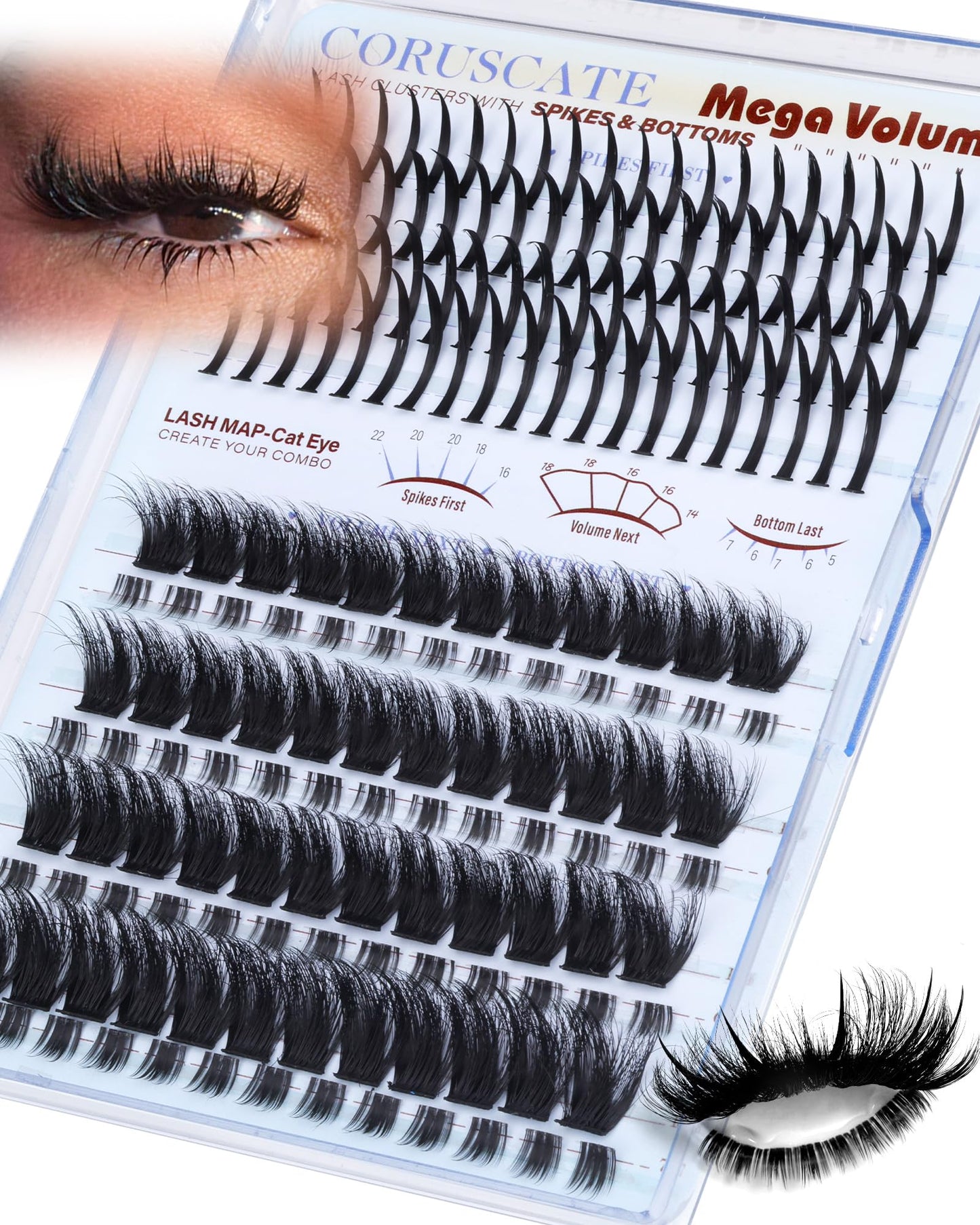 CORUSCATE Lash Clusters with Spikes & Bottom Lashes 200D Eyelash Clusters Mega Volume Cluster Eyelash Extensions Fairy Spike Lashes Mink Bottom Individual Lash Extension for Full Glam Dramatic