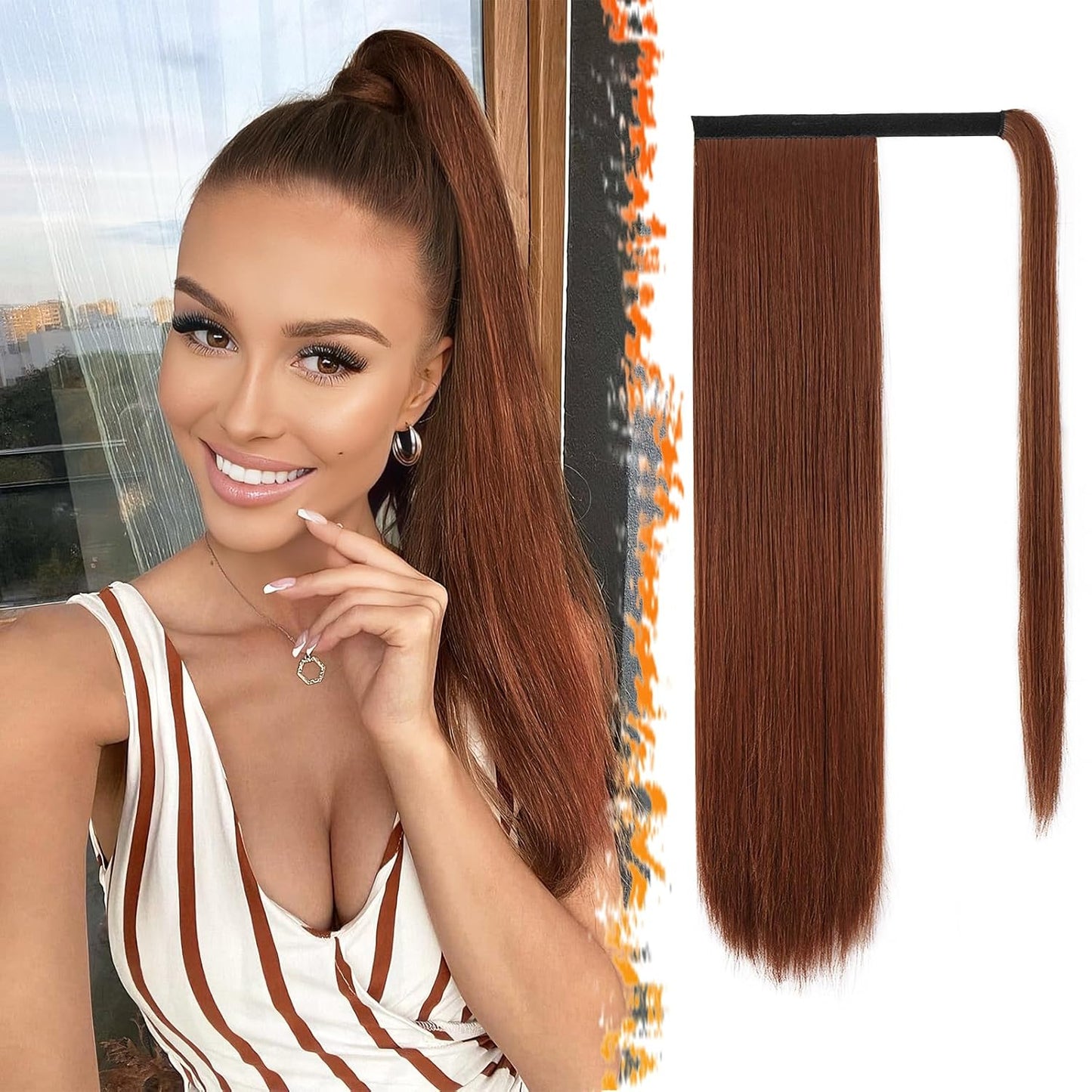 Dark Brown Straight Wrap Ponytail Extension - 24 Inch Clip-In Hairpiece for Black Women | Synthetic Hair