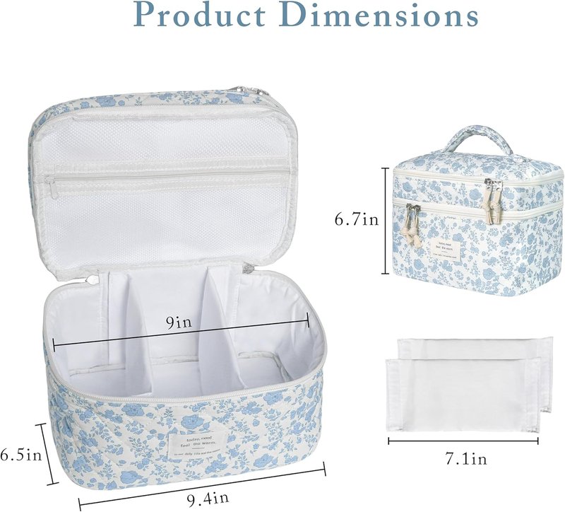 Large Cosmetic Makeup Bag for Women - Cute Quilted Floral Toiletry Organizer | Blue Flowers