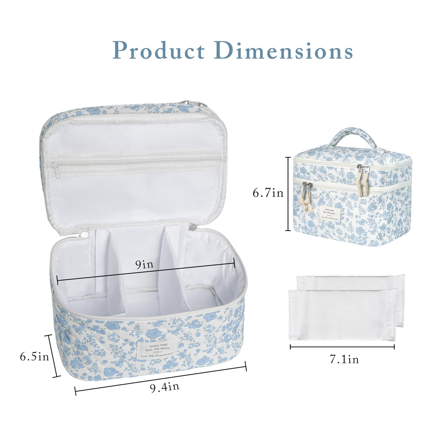 Gosect Quilted Floral Makeup Bag, Double Layer Large Capacity Cosmetic Bag with Portable Handle, Cute Coquette Aesthetic Toiletry Bag, Portable Travel Organizer with Dividers for Women Girls