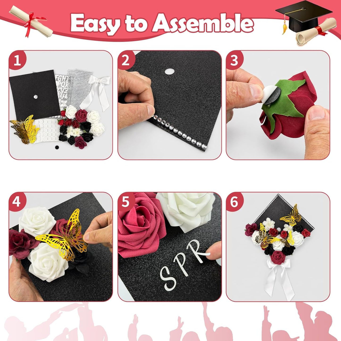 DIY Graduation Cap Decoration Kit - Faux Rose Flower Heads & 3D Butterfly Glitter Stickers | Black Grad Cap Topper