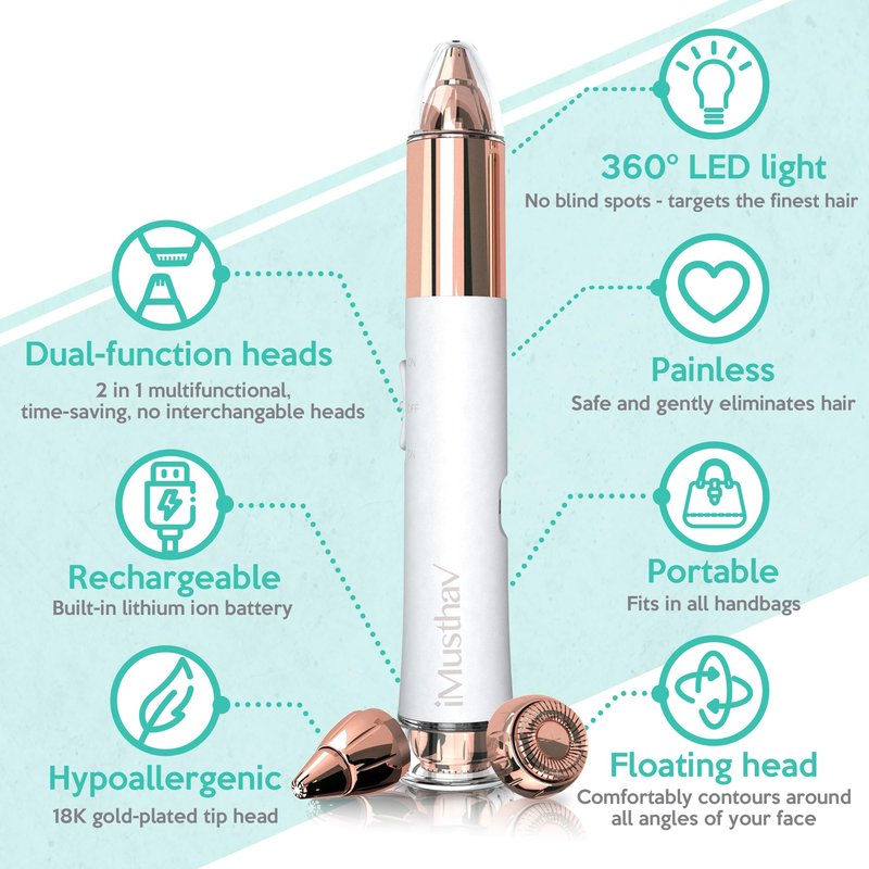 iMusthav Facial Hair Removal for Women, 2-in-1 Face Hair Remover & Eyebrow Trimmer, Painless Flawless Face Shaver with LED Light, Rechargeable Peach Fuzz Remover & Electric Eyebrow Razor for Women
