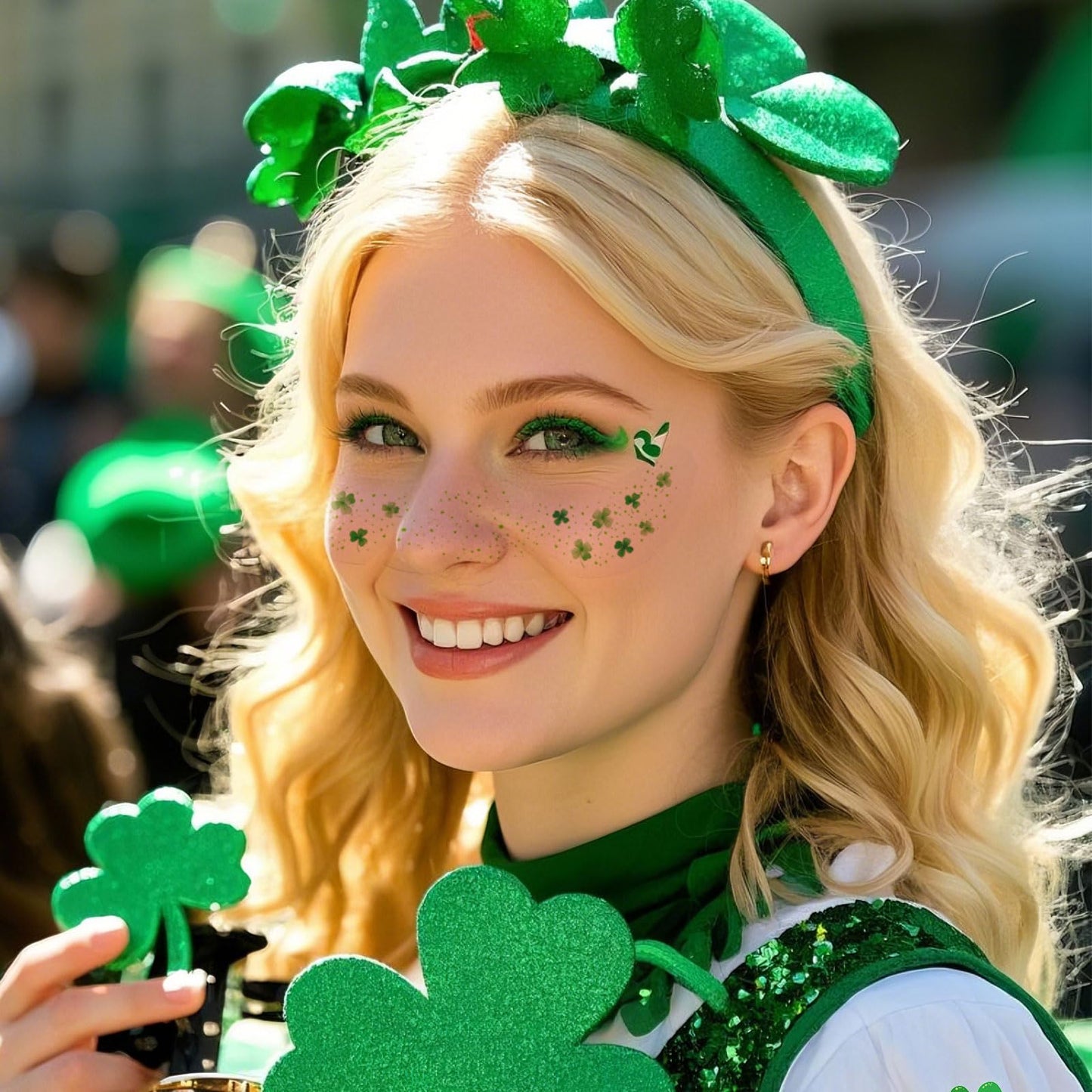 St. Patrick’s Day Temporary Tattoos - 6Pcs Glitter Shamrock & Four-Leaf Clover Face Stickers for Party