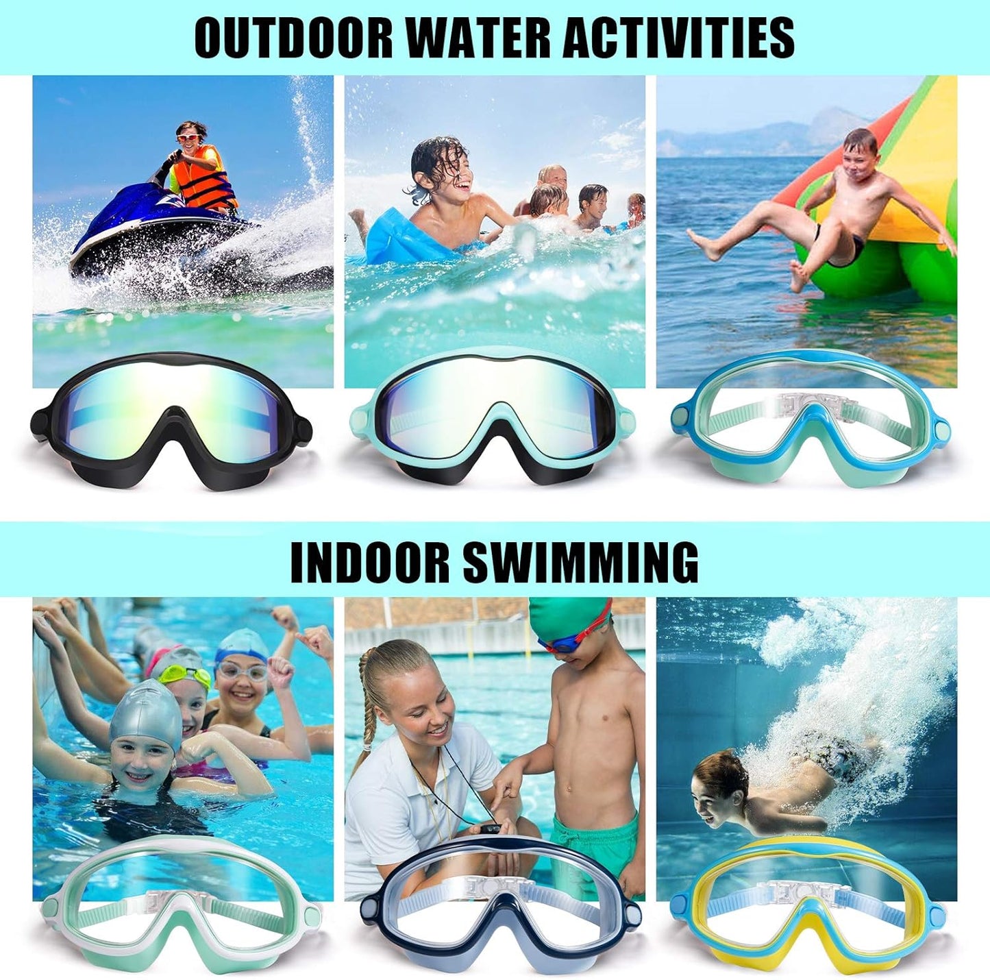 Seago Swim Goggles - Anti-Fog, Anti-UV Wide View for Kids 3-14 | 2 Pack