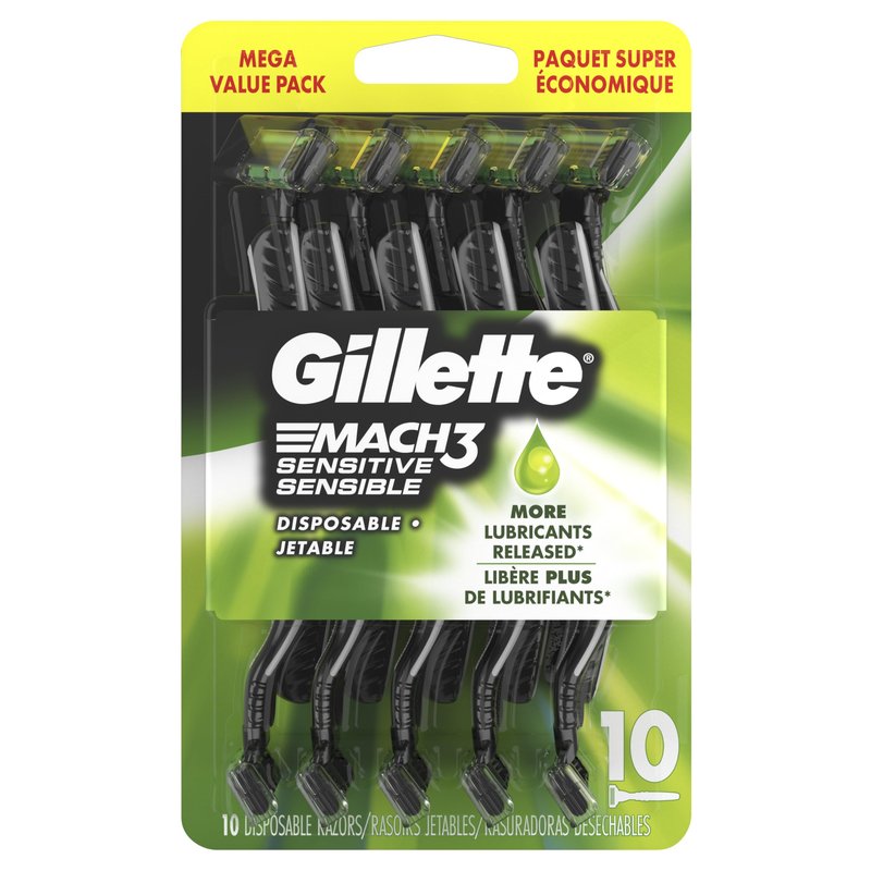Gillette Mach3 Sensitive Razors for Men, Men’s Disposable Razors, Pivoting Head for Close and Comfortable Shave, 10 Count