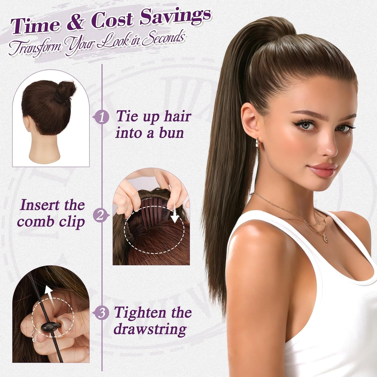 Dark Brown Straight Ponytail Extension - 16 Inch Soft Synthetic Drawstring Hairpiece for Daily Wear & Cheer Events