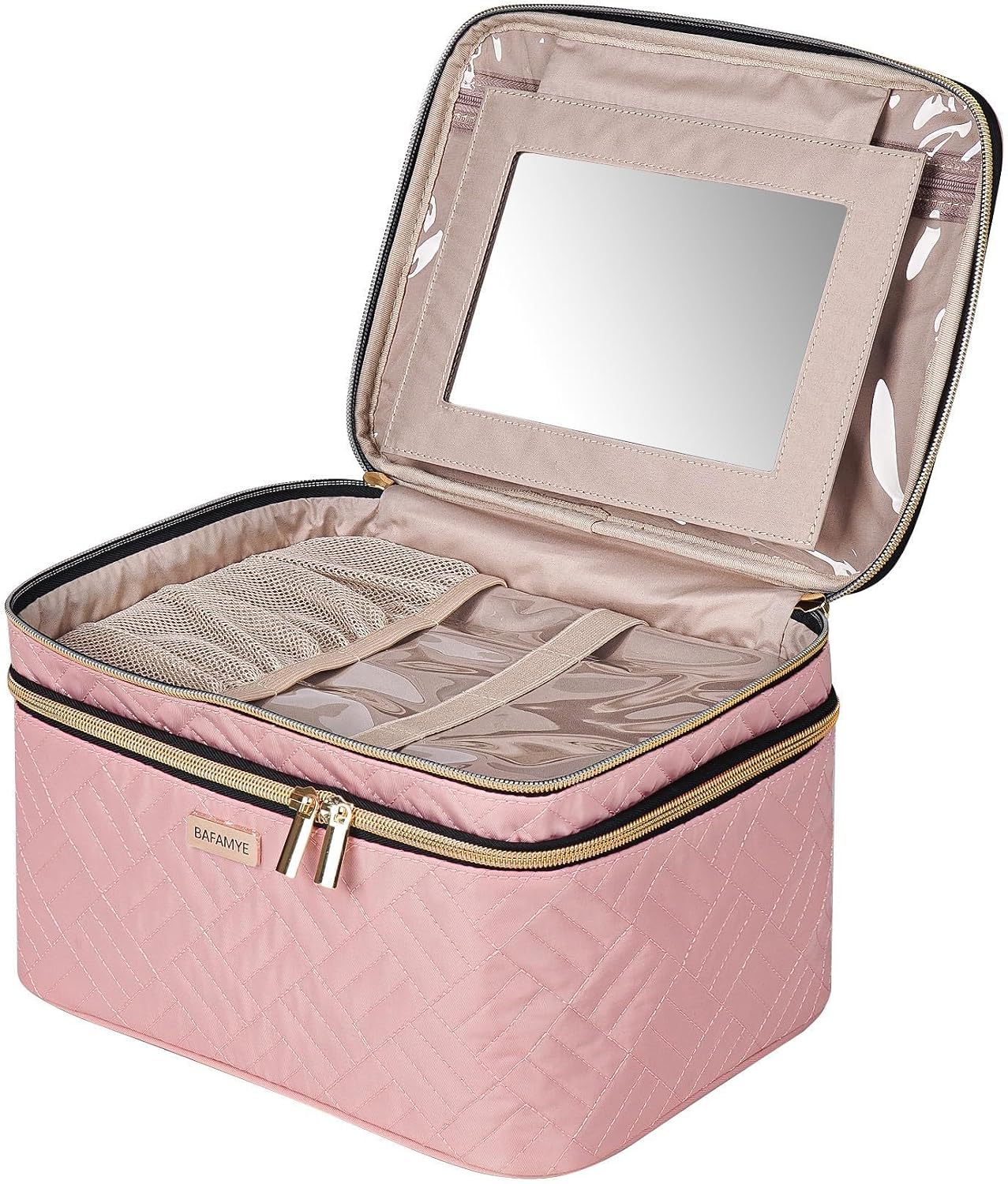 Double Layer Travel Makeup Bag With Mirror - 8.8L Large Cosmetic Organizer for Women | Brown