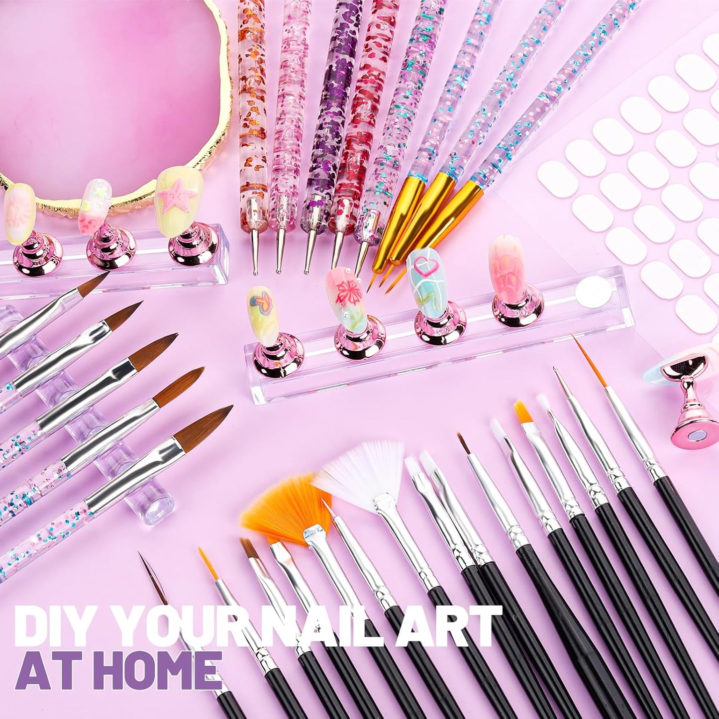 Nail Art Tools Set - 23 Pcs Brushes & Dotting Tools for DIY Nail Art | Includes Nail Stand & Adhesive Tabs