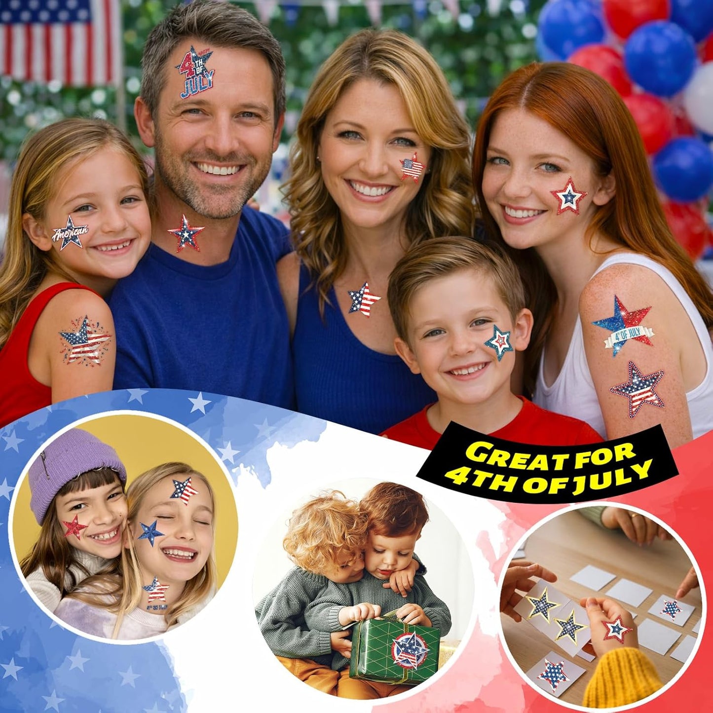 120 Pcs Glitter 4th of July Temporary Tattoos - Waterproof Star Designs for Independence Day Celebration