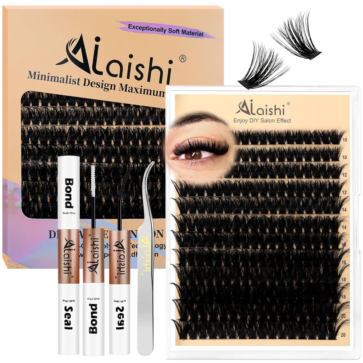 DIY Cluster Eyelash Extensions Kit - 224pcs Fluffy D Curl Lashes | 9-16mm, Bond & Seal, Tweezers Included