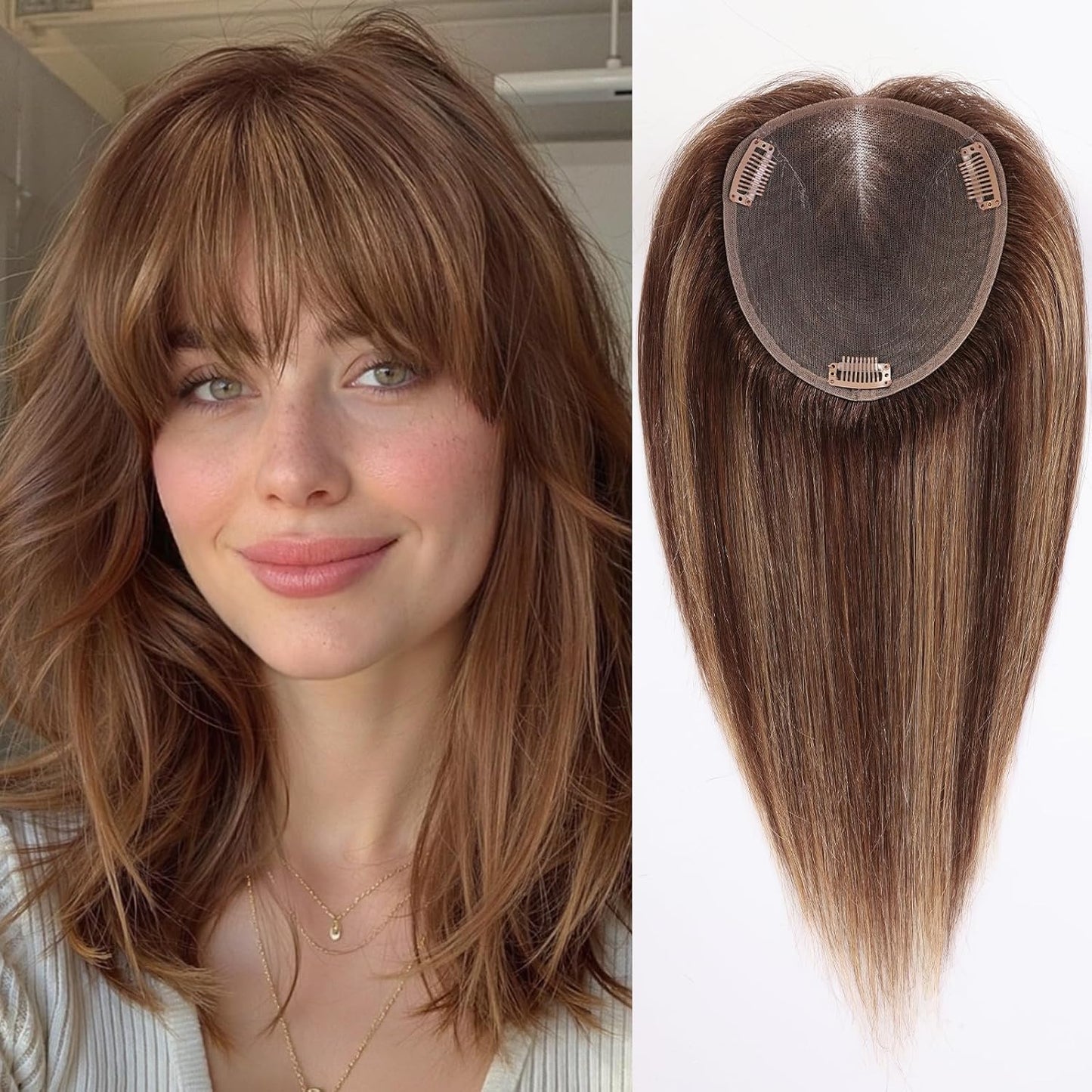 Real Human Hair Toppers for Women - 14 Inch Silk Base | Ash Blonde Mixed Brown with Bangs - 60g