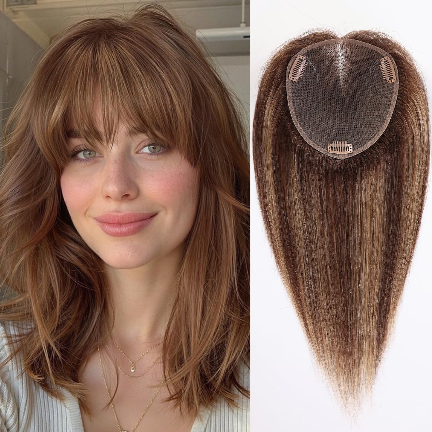 starluck 6x5 inch Large Swiss Base SilkHug 14 Inch Real Human Hair Toppers,60 Gram, 100% Real Human Hair Toppers for Women with thinning (Mixed Brown, with Bangs) T4/4/BC#