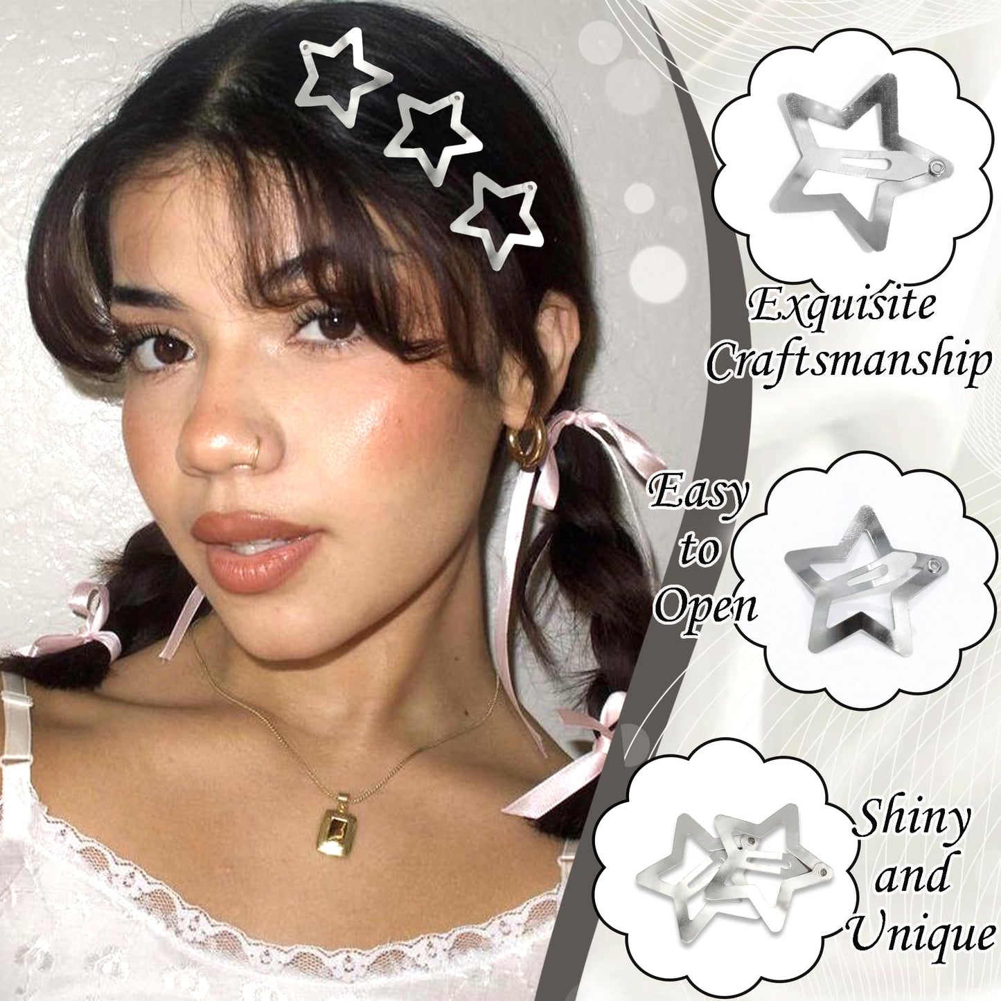 NAISKA 24PCS Star Hair Clips 2000s Y2K Hair Barrettes Silver Non Snap Clips for Cool Girls Metal Pins Star Alligator Clip Rave Hair Accessories for Women Girls