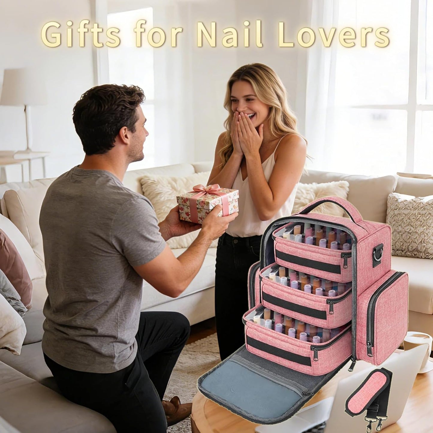 Nail Polish Organizer - Holds 72 Bottles | Large Carrying Case with 3 Removable Pouches & 4 Zippered Pockets for Manicure Tools