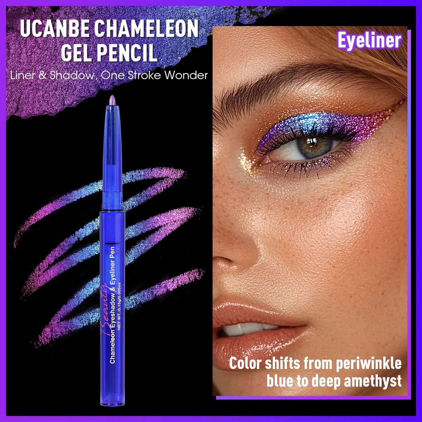 UCANBE Chameleon Eyeshadow & Eyeliner Gel Pencil-Multichrome Shifting Colors Metallic Glitter Eye Makeup,Waterproof Long-Lasting Smudge-Proof Multi-Dimensional Color (Periwinkle Blue to Deep Amethyst)