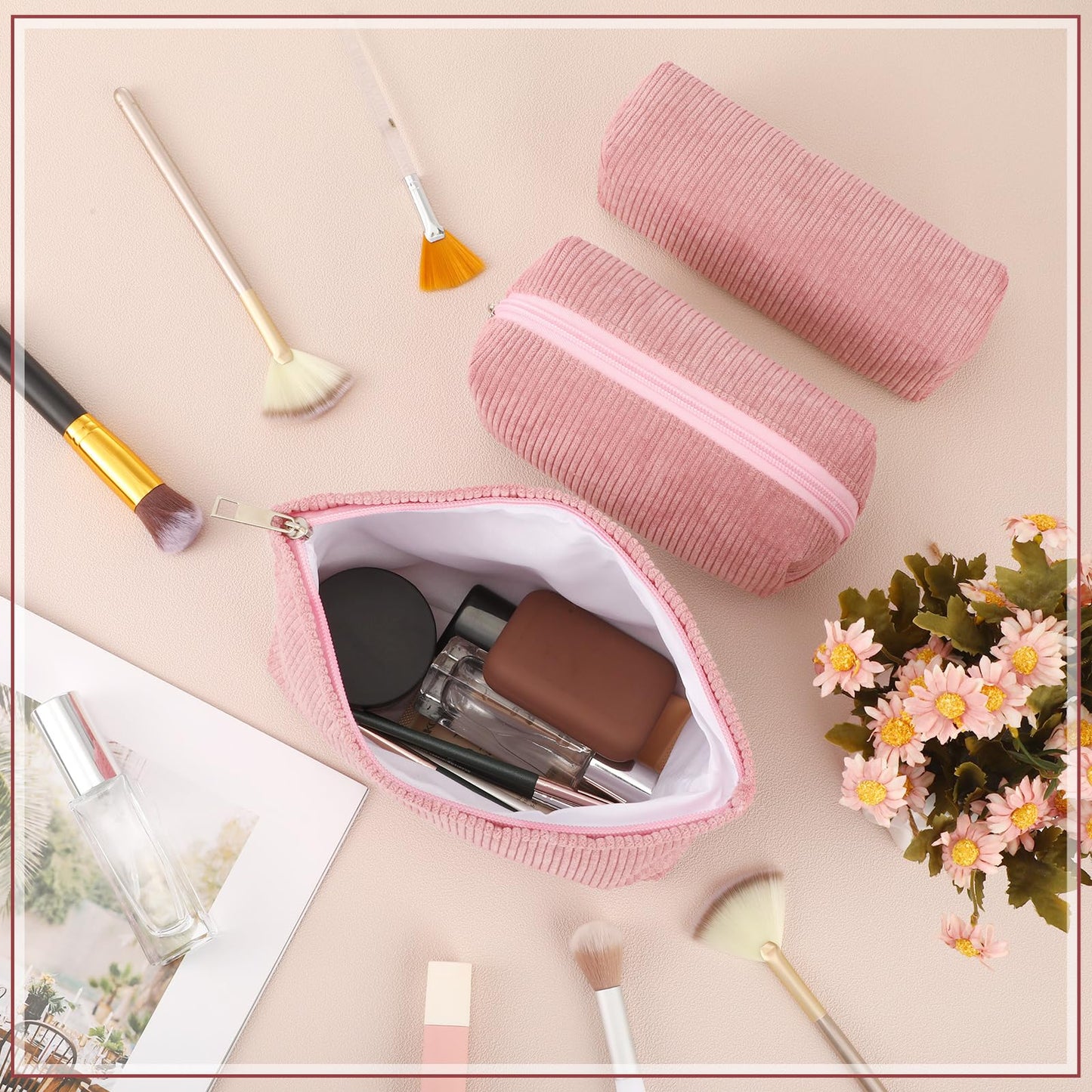 Huhumy 3 Pcs Makeup Bag Set for Women Corduroy Cosmetic Pouch Aesthetic Smile Travel Toiletry Bag Cute Purse Pouch Pencil Case Makeup Brushes Storage Organizer with Zipper(Pink,Solid Style)