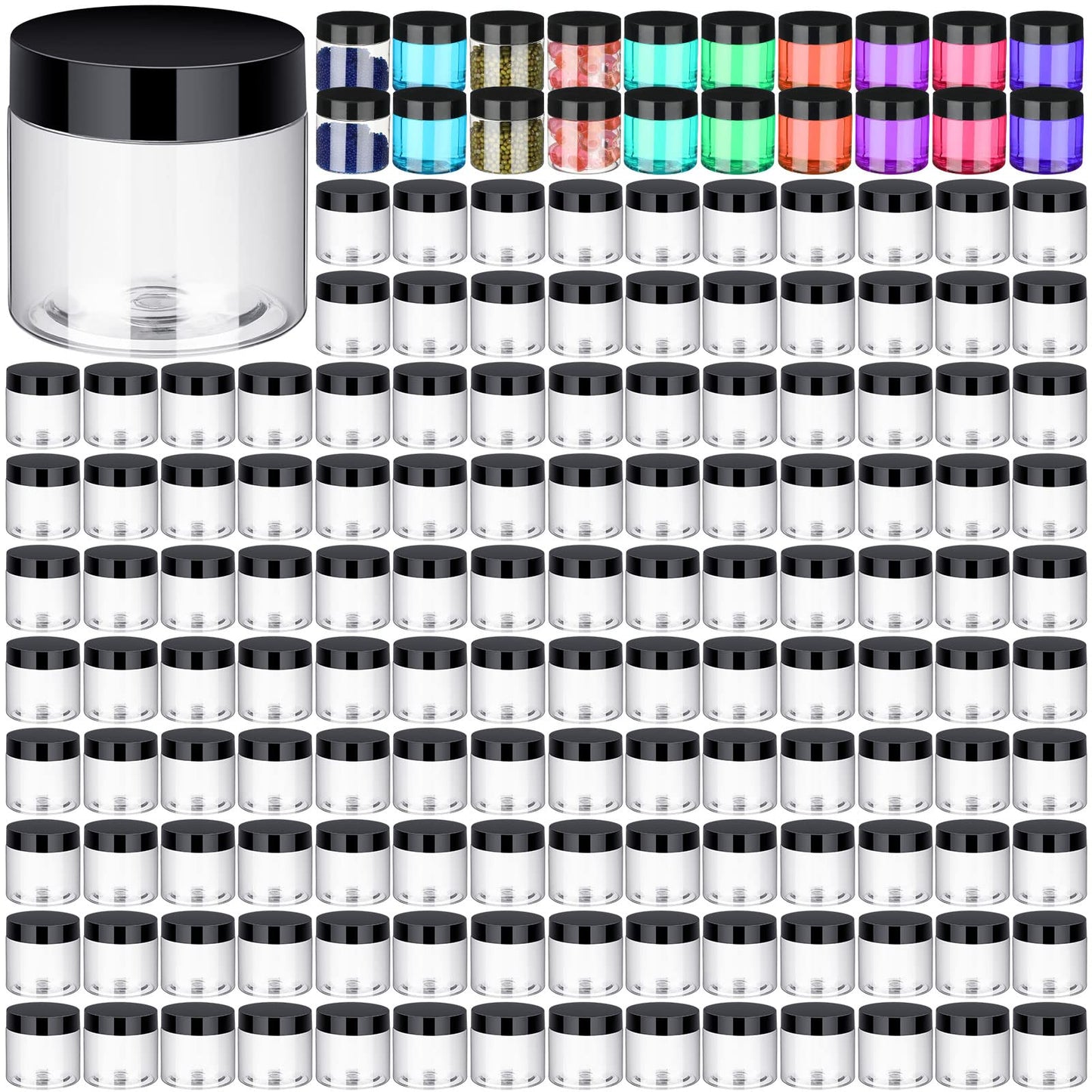 Aoriher 150 Pcs Plastic Container Jars with Lids Round Cosmetic Jars Empty Plastic Container for Lotion, Cream, Ointments, Makeup, Eye Shadow, Rhinestone, Samples, Pot, Travel Storage(2 oz,Black)