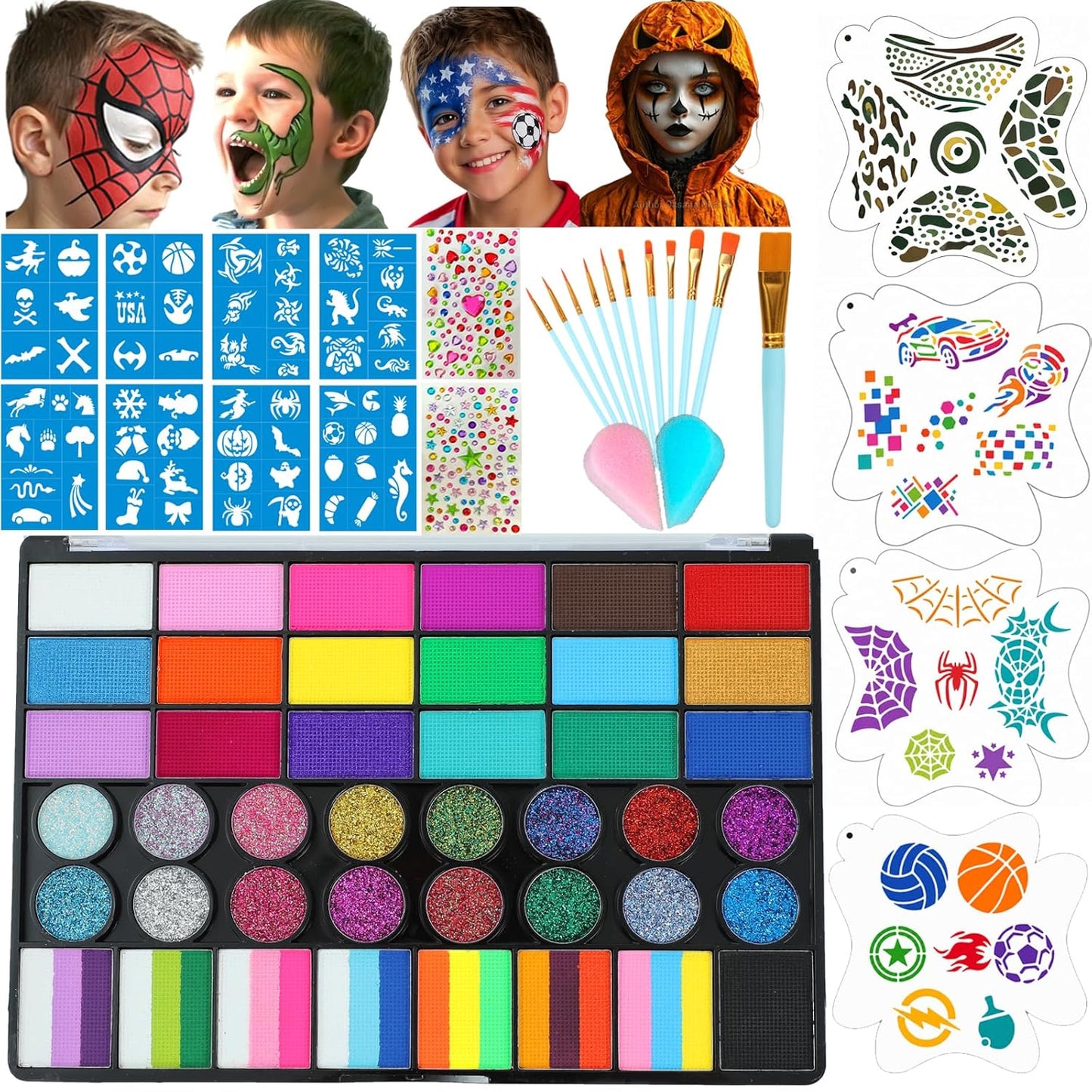 Face Painting Kit for Kids - 42 Color Non-Toxic Water Activated Makeup Set with Brush, Stencil & Sponge | Perfect for Parties & Holidays