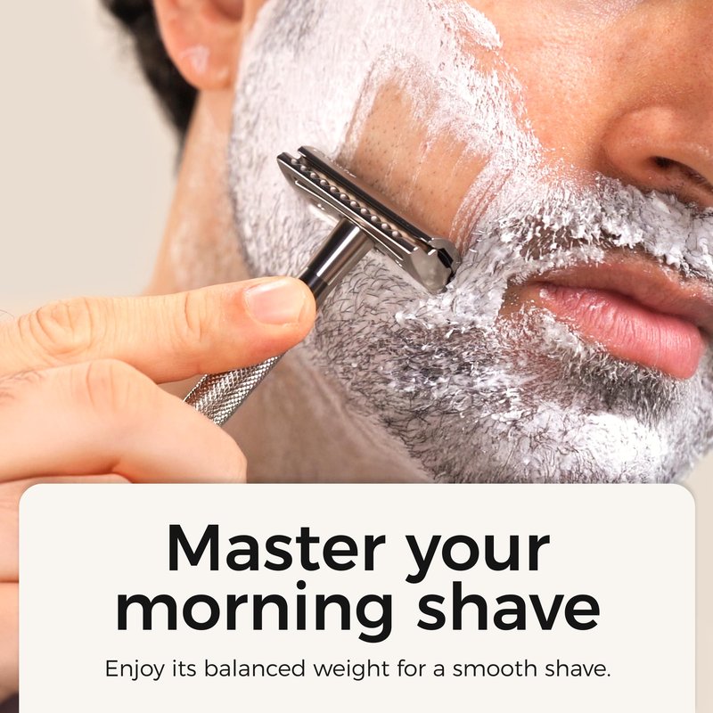 ZOMCHI Double Edge Safety Razor Kit for Men & Women, Reusable Metal Razor with Stand and 10 Blades, Eco-Friendly Plastic-Free Shaving - Matte Silver