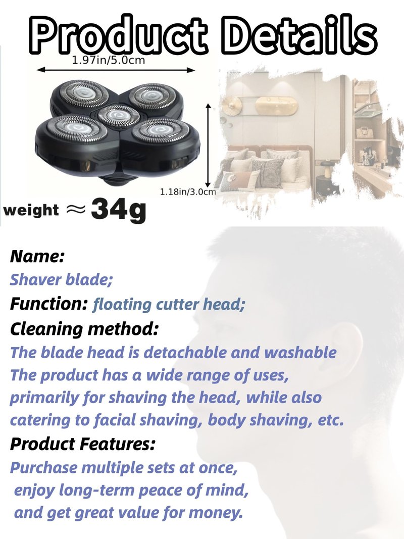 3 Pcs 5-Blade Universal Head Shaver for freebird replacement blades, Compatible with Freebird Shavers, Electric Shaver Refills for Bald Men with 1 Cleaning Brush (3 Pack)