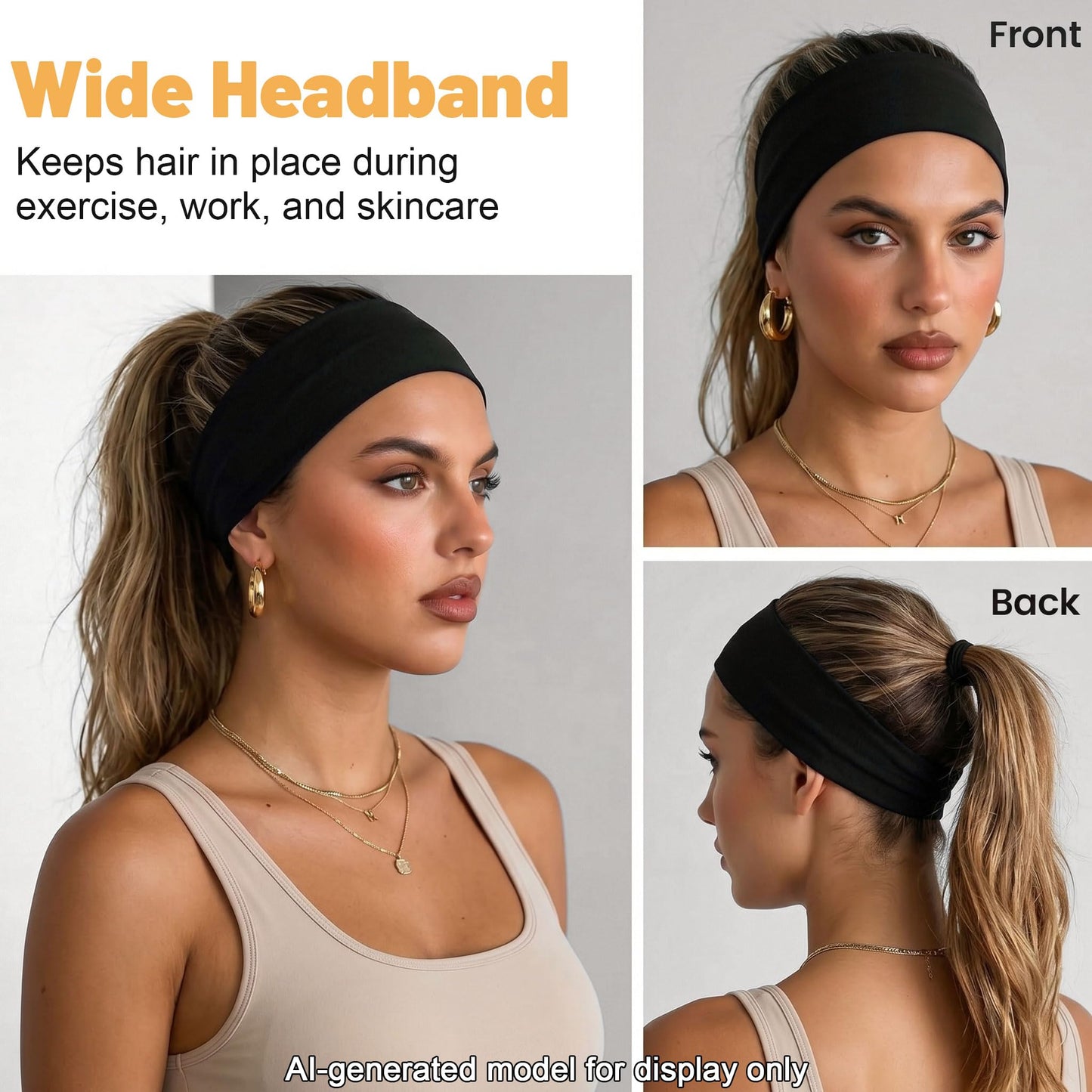 WENNKINN Headbands for Women Non Slip, Soft Elastic Cloth Hairband for Workout Gym Running Sports, Sweat Wicking Wide Headband, 3 Pack with Bag (Black, Navy Blue, and deep Blue)